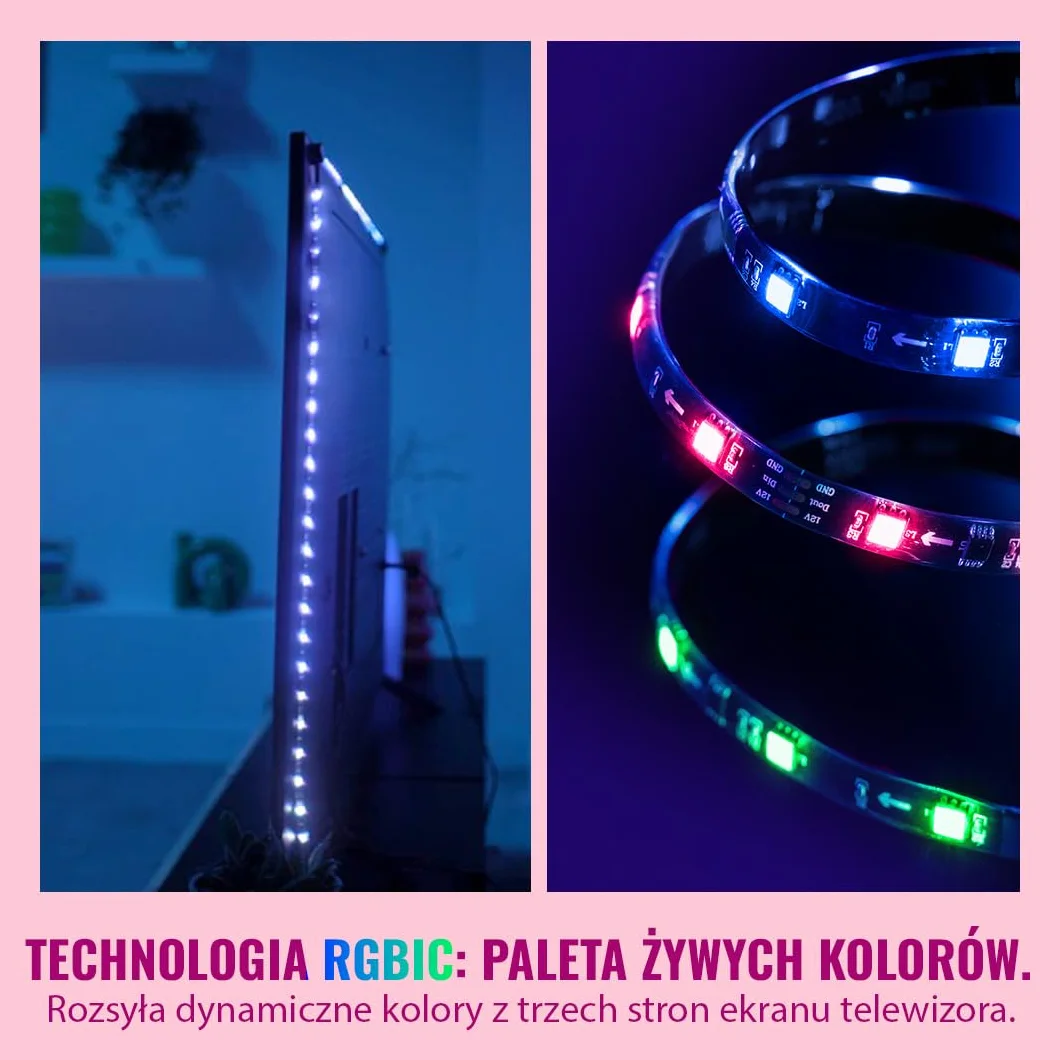 WiZ HDMI Sync Box z taśmą LED do TV, Synchronizuje światło z filmami, HDMI 2.0 4K 60 Hz, RGBIC 75-85 cali, Sterowanie Aplikacją/Głosowe, Google Alexa