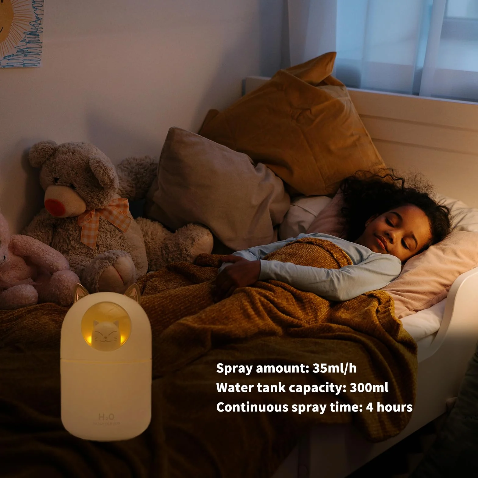 SANON Nawilżacz 300 ml, uroczy nawilżacz z kotem, mini nawilżacz USB z 2 trybami natryskiwania lampka nocna