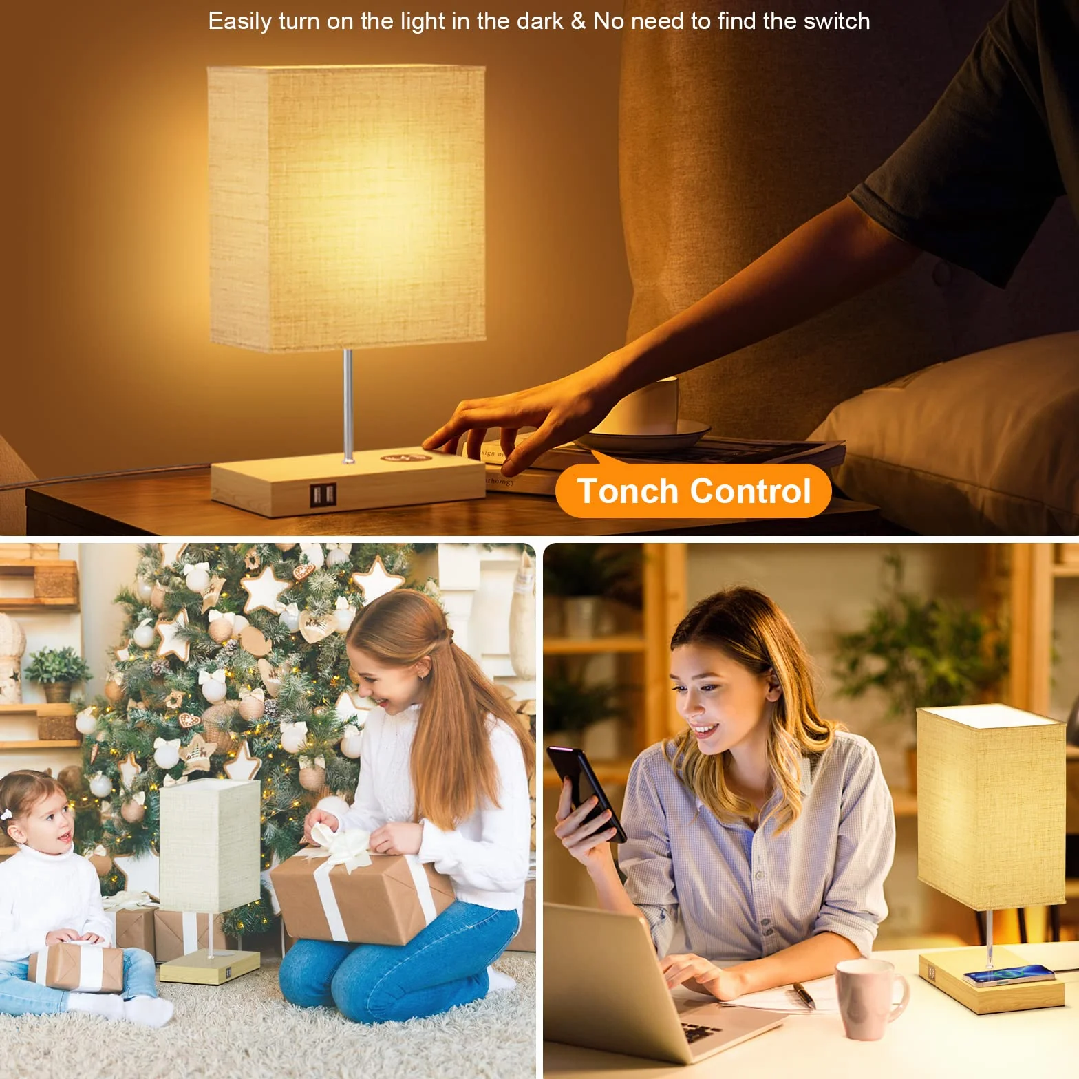 GLUROO Lampa stołowa sterowana dotykiem z ładowaniem bezprzewodowym, lampki nocne z możliwością przyciemniania w 3 kierunkach, 2 porty ładowania USB