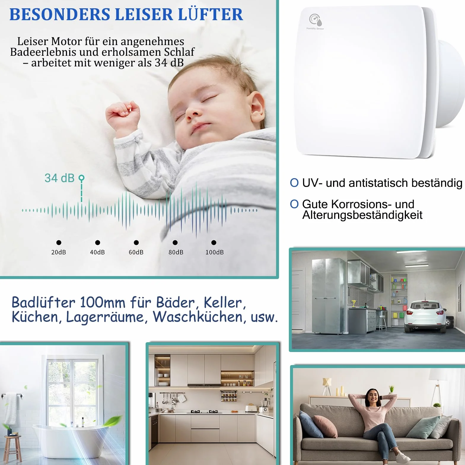 Wentylator łazienkowy 100 mm z czujnikiem wilgotności i dobiegiem, 34 dB, 95 m³/h
