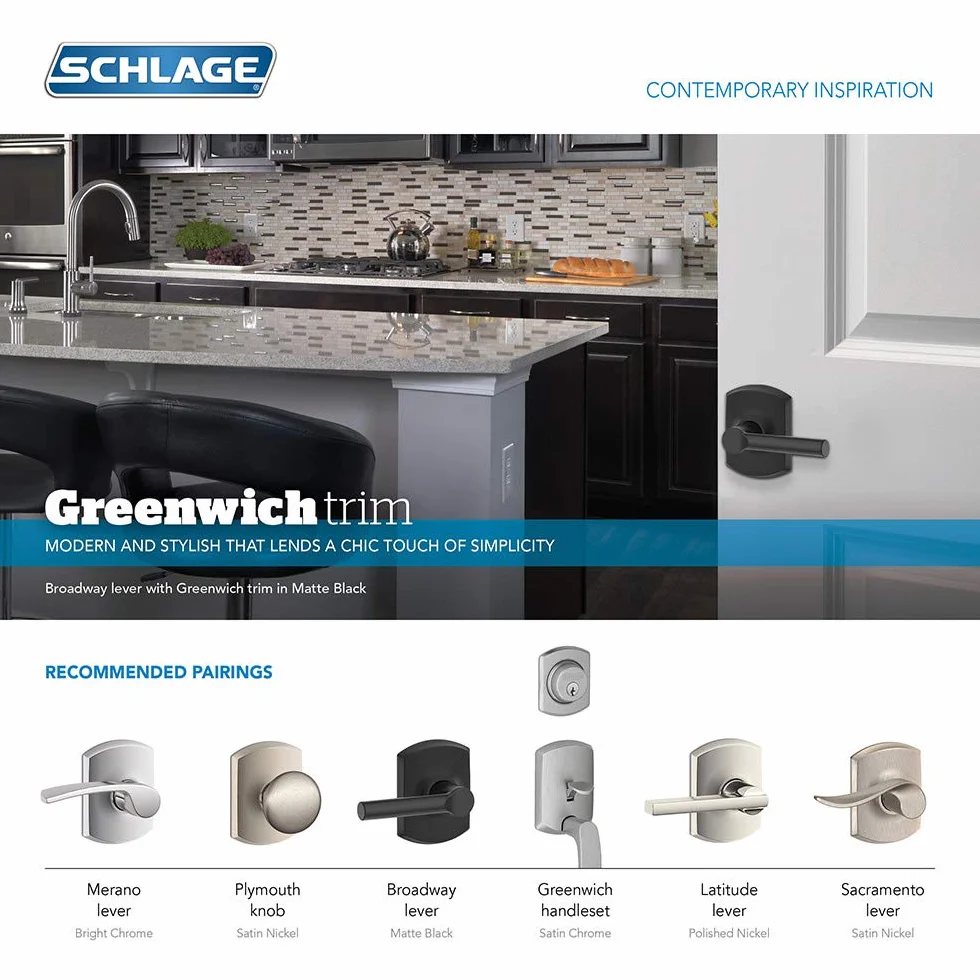 Schlage B60N GRW 622 Greenwich zasuwa klucz 1-stronny czarny matowy