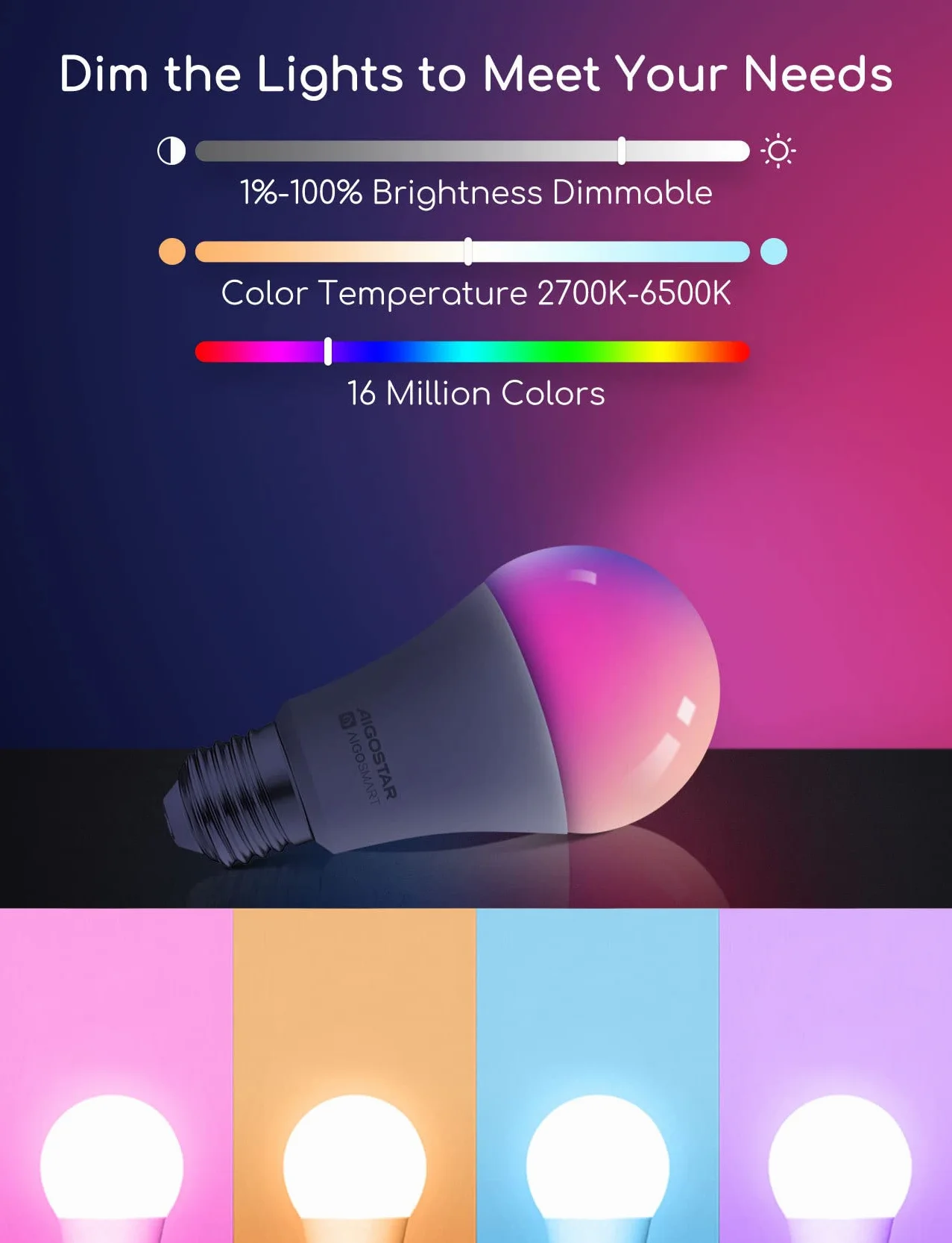 Aigostar Smart Bulb E27 SL2 LED 9W 806LM WiFi Żarówka RGB 2700K-6500K Ściemnialna Kompatybilna z Alexa Google Home 6 szt.