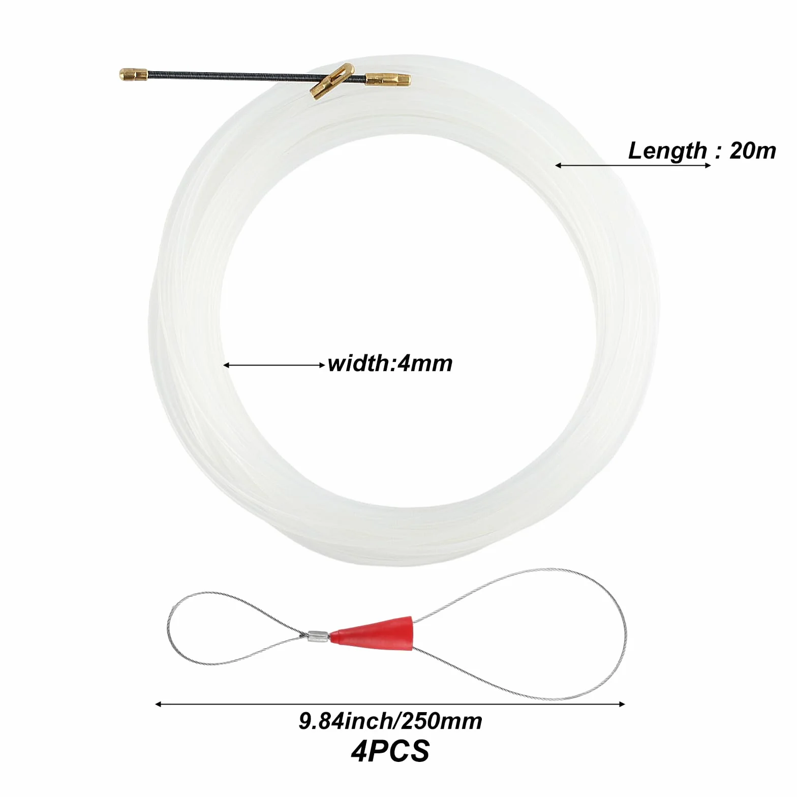 Pomoc do wciągania kabli 20 m, spirala do podciągania, drut naciągany, spirala z 4 sprężynami prowadzącymi, taśma do wsuwania kabli φ4 mm, taśma do podciągania kabli, puste rury, kabel ciągnący