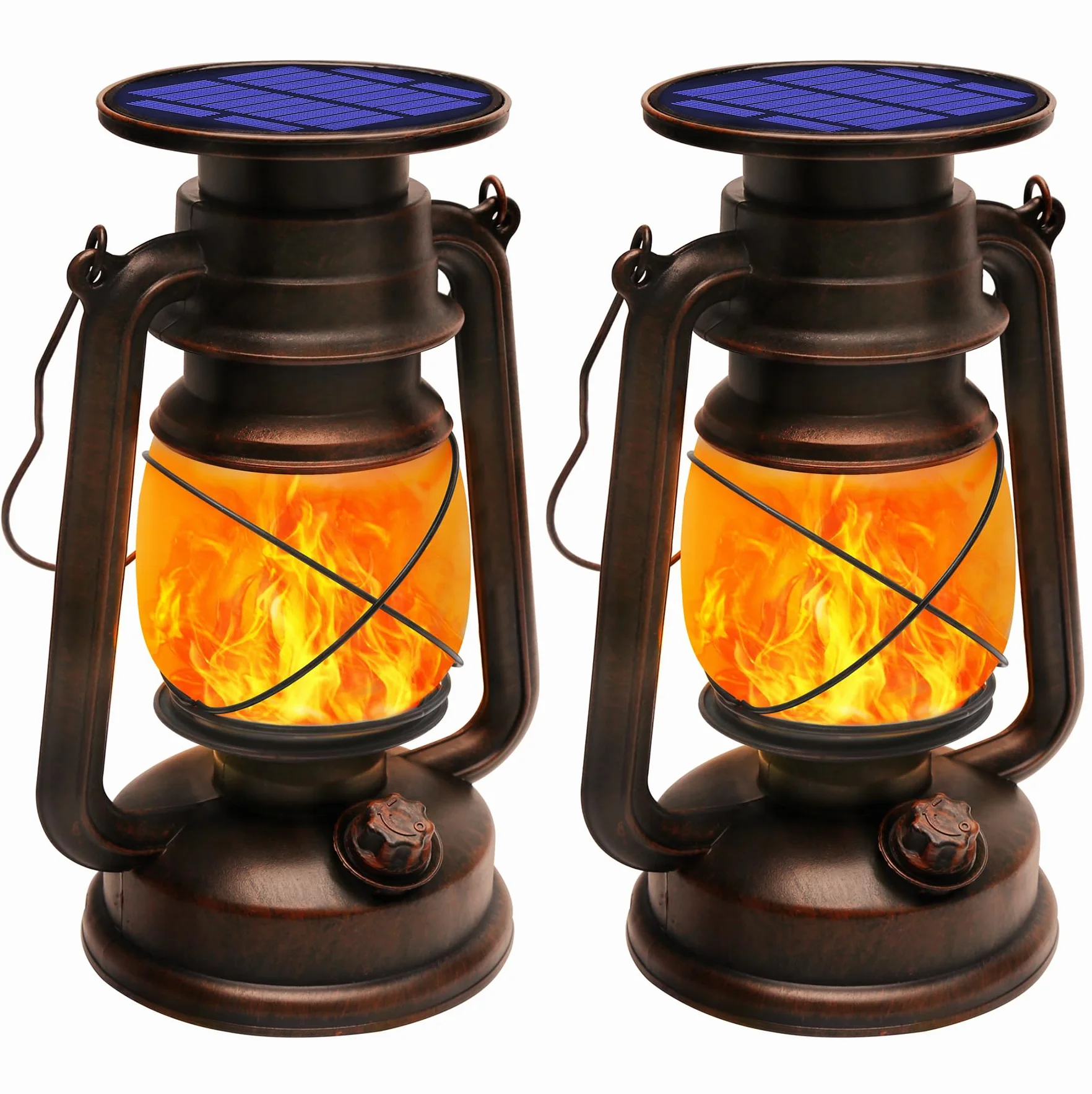 Shinmax Latarnia do użytku na zewnątrz, w stylu retro, 2 sztuki, efekt płomienia, lampa solarna do użytku na zewnątrz, wisząca latarnia, odporna na warunki atmosferyczne, na kemping (solarna)