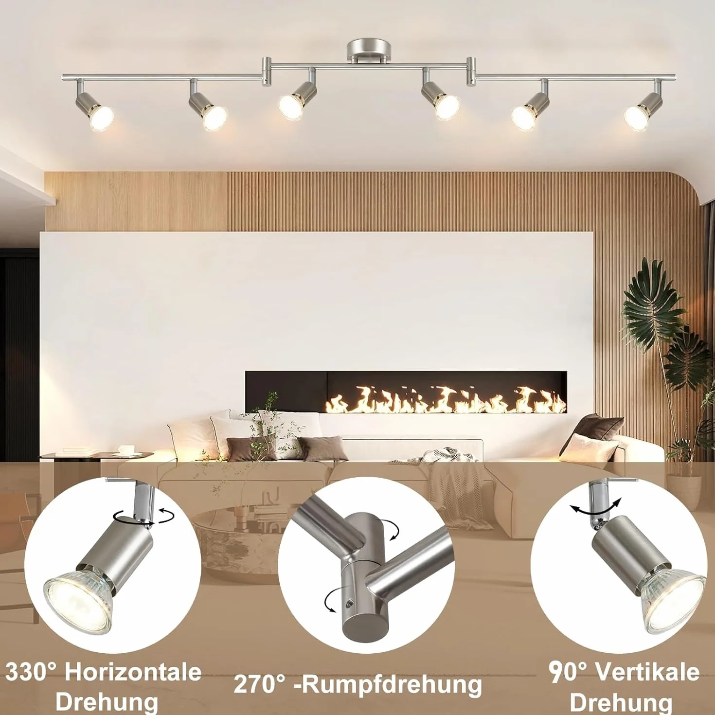 Glitzerlife Reflektor sufitowy LED 6-płomieniowy salon - lampa sufitowa GU10 reflektor sufitowy obrotowy 330° lampa reflektorowa ze stali nierdzewnej sufit sypialnia wnętrze bez źródła światła
