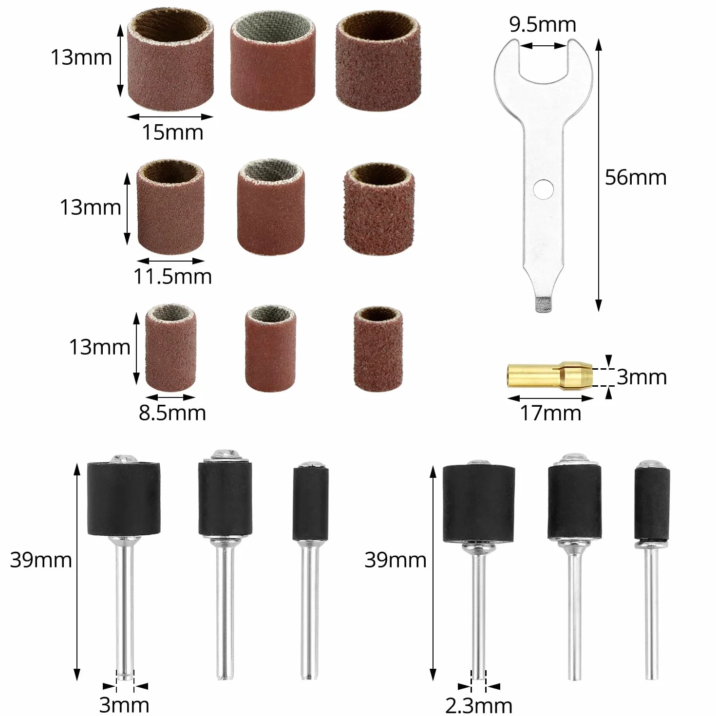QWORK Zestaw 531 sztuk bębnów szlifierskich do narzędzi obrotowych ziarnistość 80-600 trzpienie 6,35 mm/9,5 mm/12,7 mm