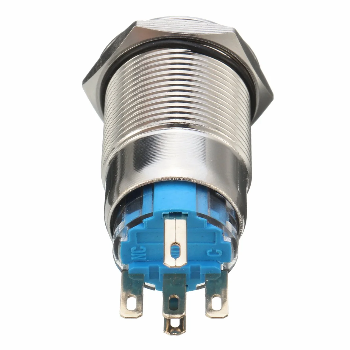 Przełącznik Przycisk LED 12V 19mm Srebrny Metal Push On Off Blokada Światła Niebieski