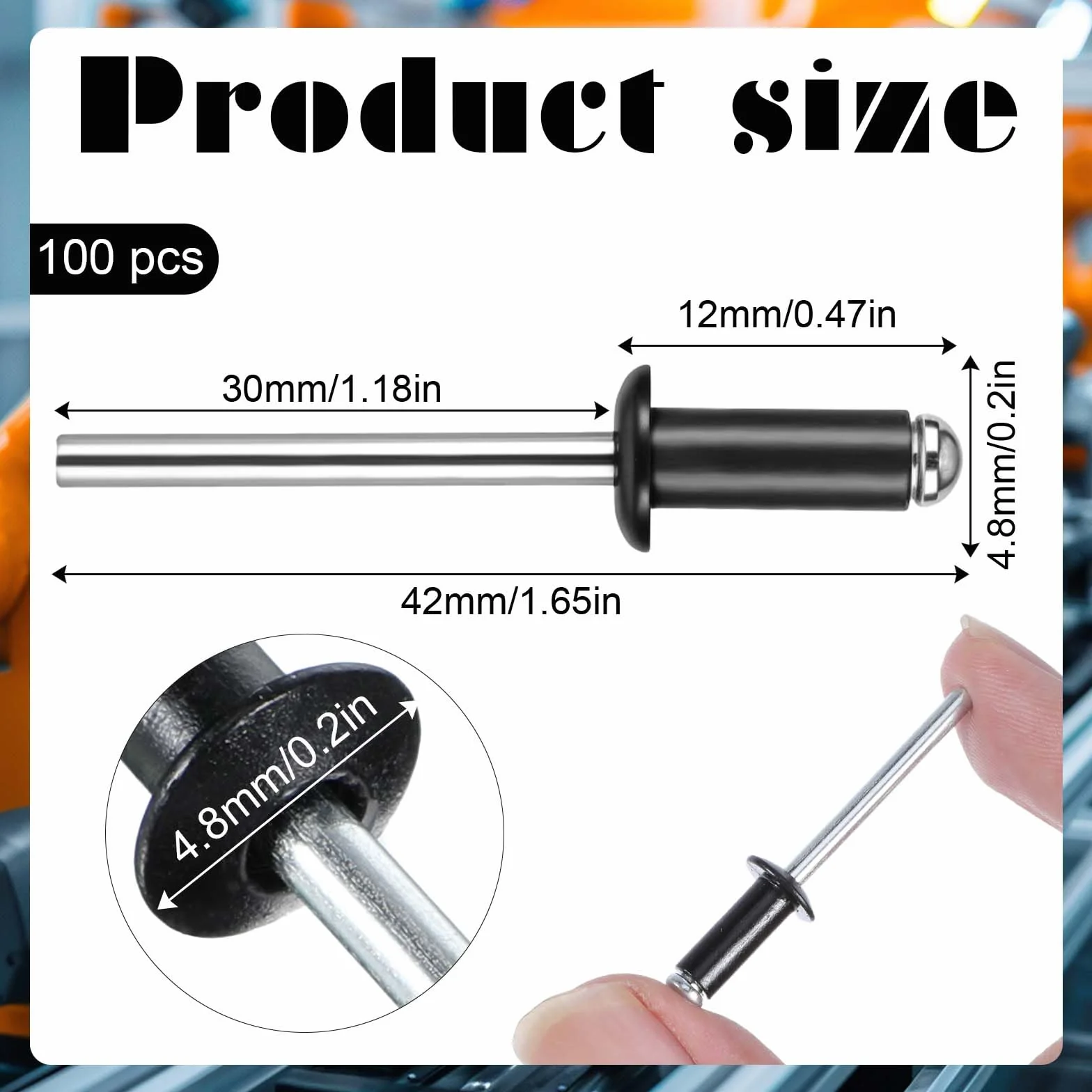 Molain nity zrywalne aluminiowe 4,8 mm x 12 mm czarne kopułkowe 100 sztuk