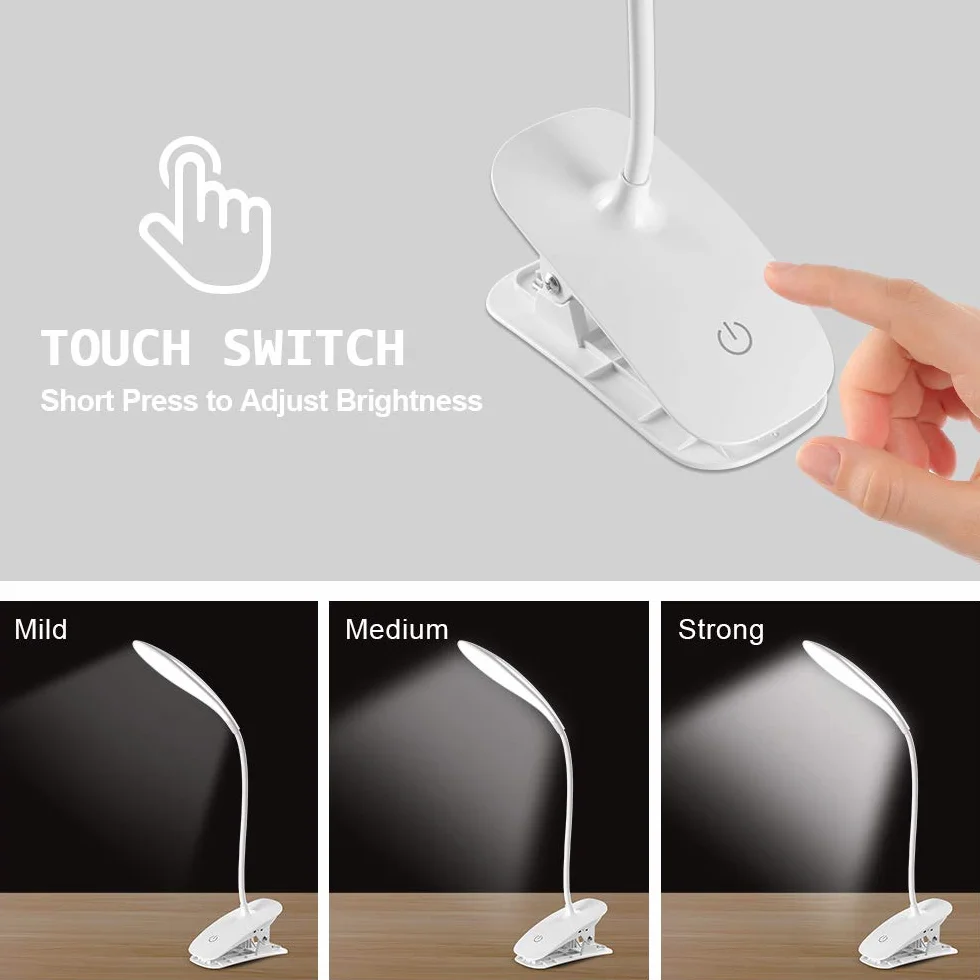 Lampa z klipsem LED 3 tryby świecenia USB sterowanie dotykowe lampka nocna biurkowa biała