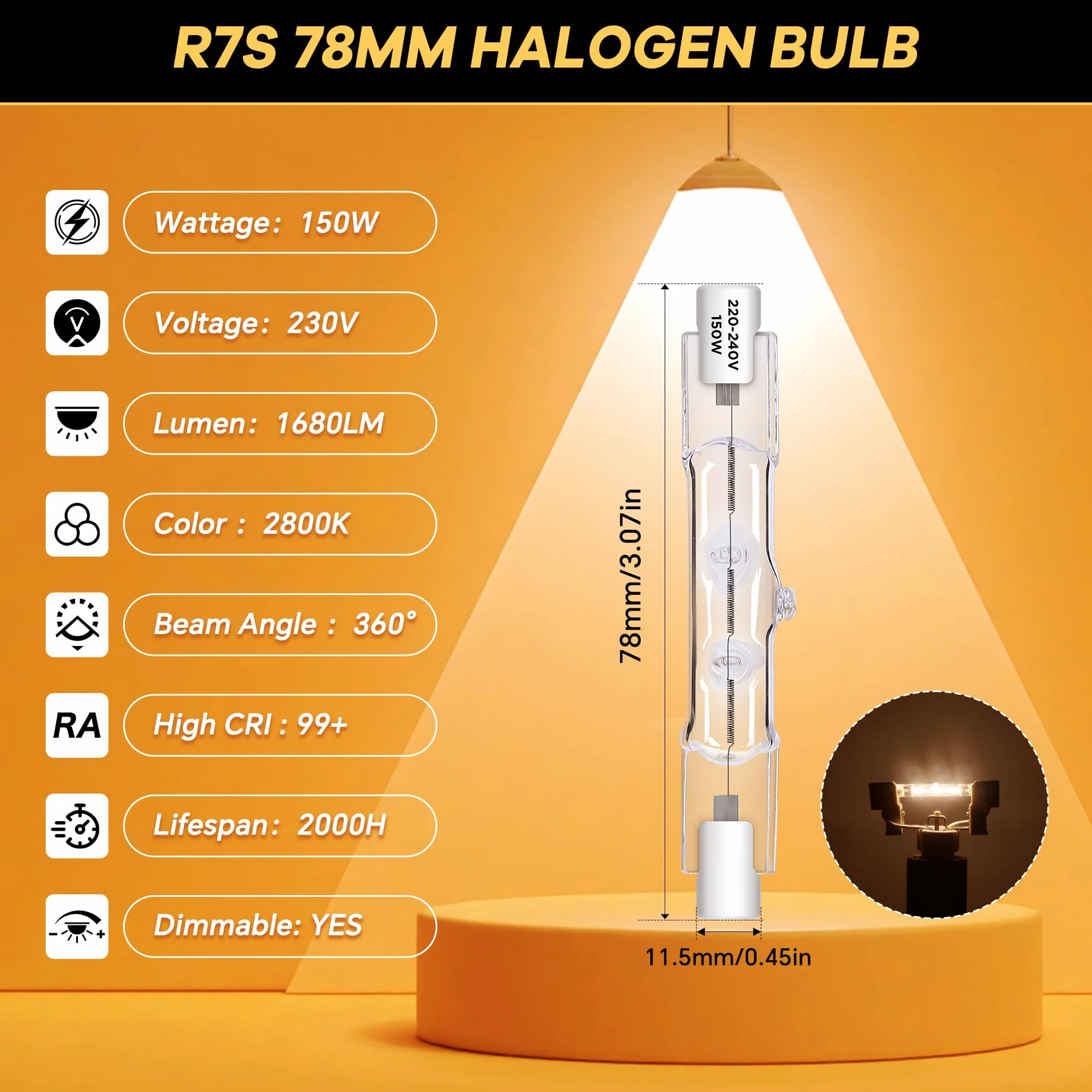 Morotty Żarówka halogenowa R7S, 78 mm, 150 W, 230 V, J78 ściemnialna żarówka halogenowa 2800K, ciepła biel, odpowiednia do lamp podłogowych, oświetlenia krajobrazu, opakowanie 6 szt