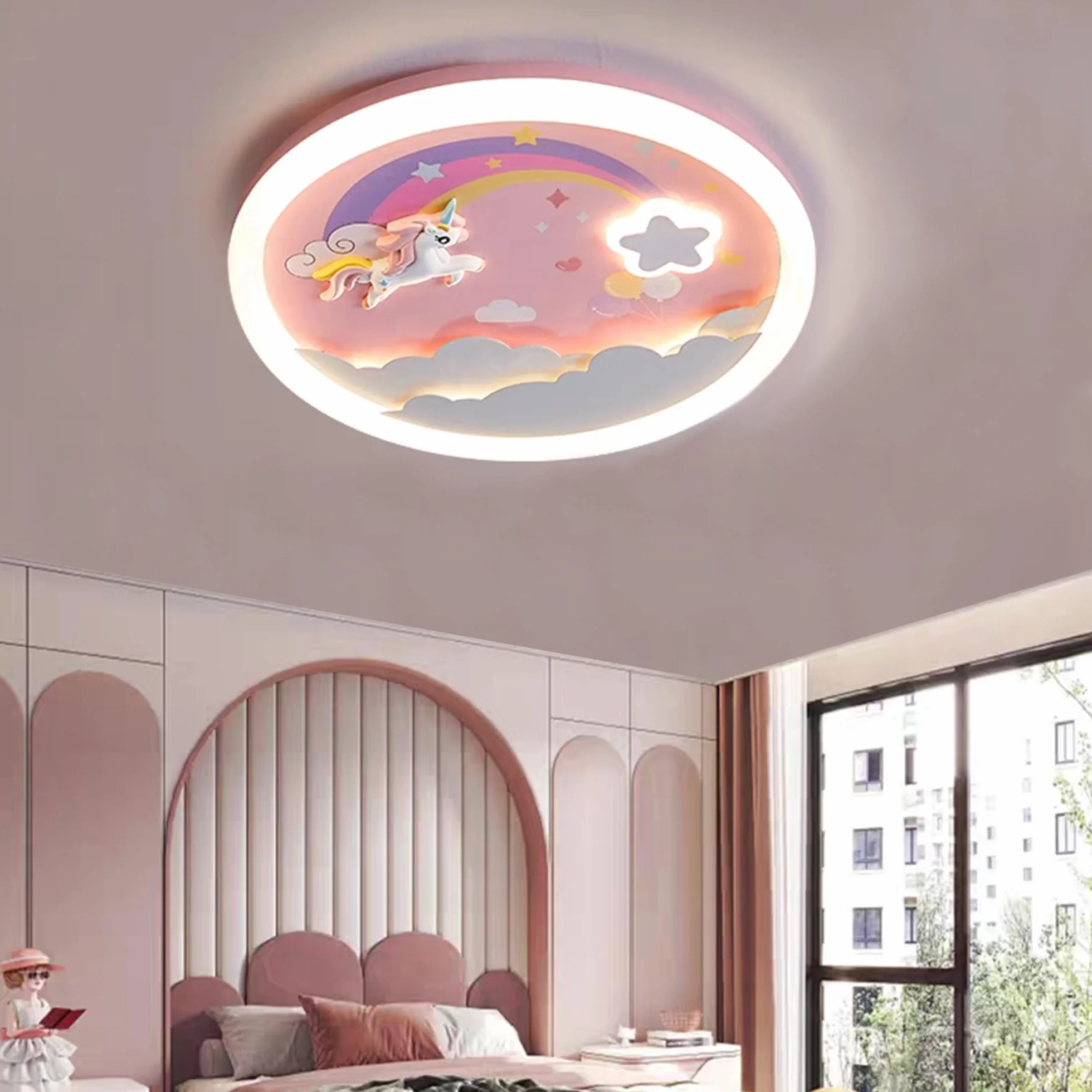 Lampa sufitowa LED Różowa lampa sufitowa Nowoczesna ściemnialna z pilotem Lampa sufitowa Jednorożec 70W Nadaje się do salonu Sypialnia Pokój dziecięcy Okrągłe oświetlenie