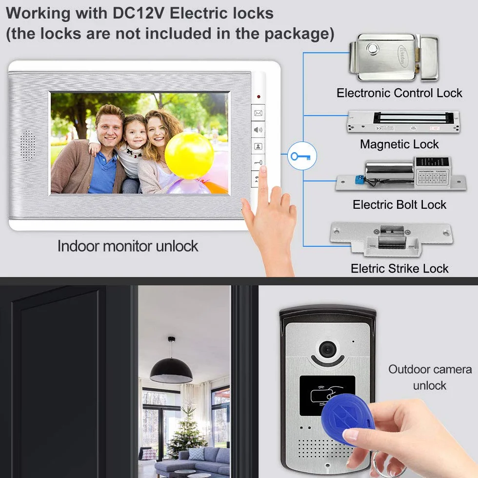 2 monitory domowy domofon wideo telefon drzwi system kontroli dostępu do kamery RFID 7'' kolorowe ekrany TFT obsługa odblokowywania EM + 10 szt. ID niebieski pilot (1 kamera 1 monitor)