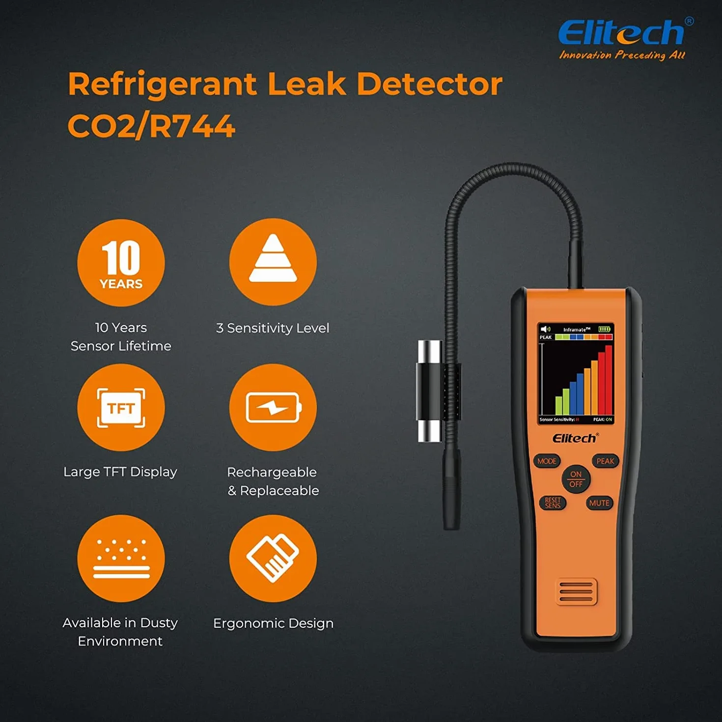 Elitech Detektor Czynnika Chłodniczego CO₂ Na Podczerwień Przenośny Monitor Dwutlenku Węgla Do Systemów HVAC Z Wyświetlaczem LCD I Alarmem