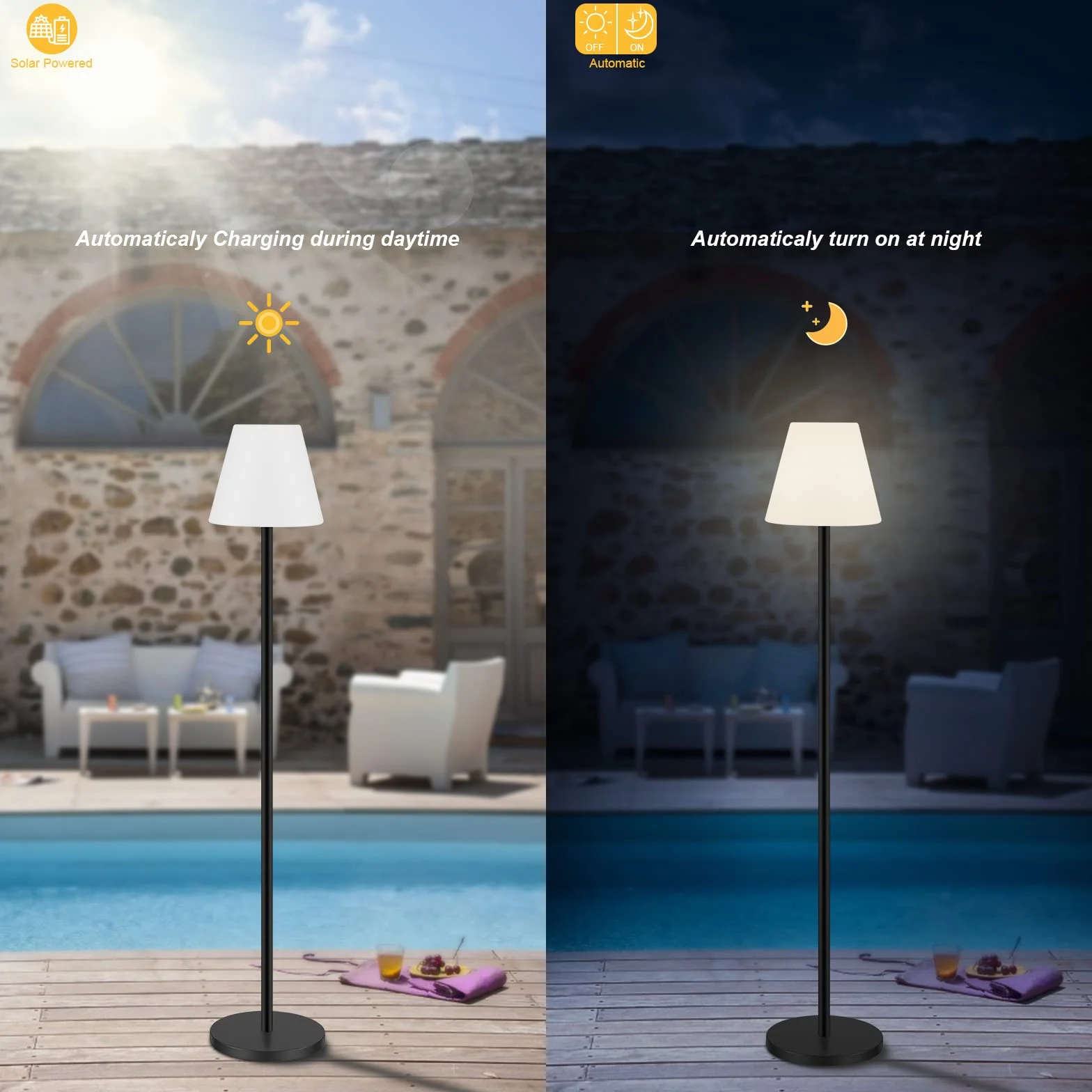 Solarna lampa podłogowa lampy zewnętrzne na patio, wodoodporna, ładowalna bezprzewodowa lampa podłogowa z czujnikiem światła, ściemniana jasność ciepła biel + lampa zewnętrzna RGB LED do