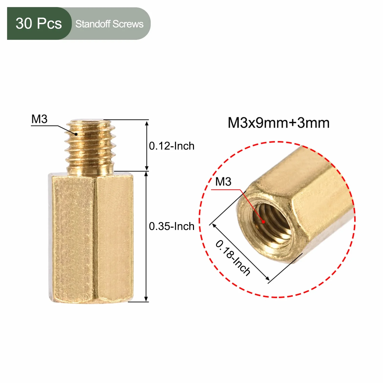 YOKIVE 30 szt. śrub dystansowych M3, mosiężne sześciokątne elementy dystansowe do PCB, 9 mm + 3 mm, złoty odcień