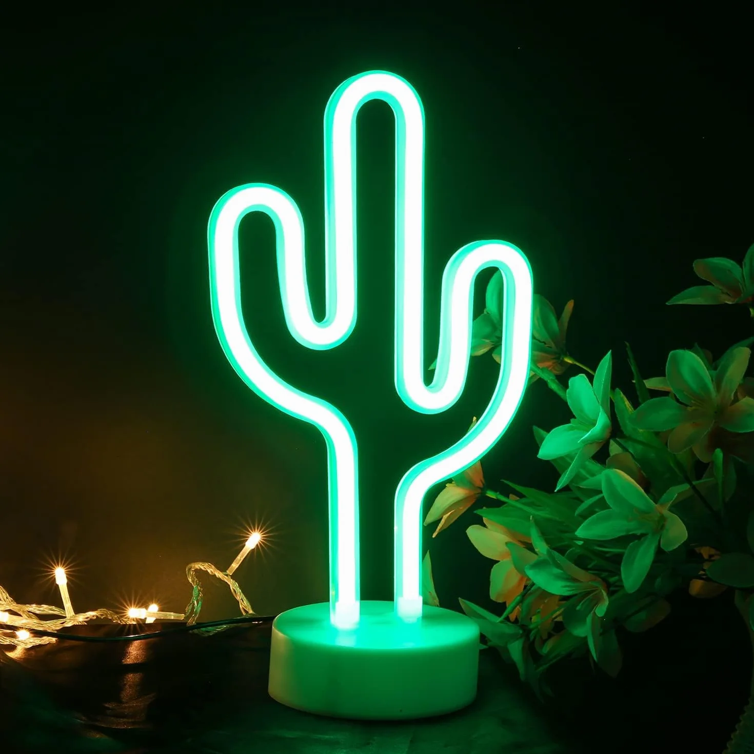 NIWWIN Neonowe światło kaktusowe LED, dekoracyjna lampa stołowa, zasilanie 3AA/USB, nastrojowe światło do sypialni