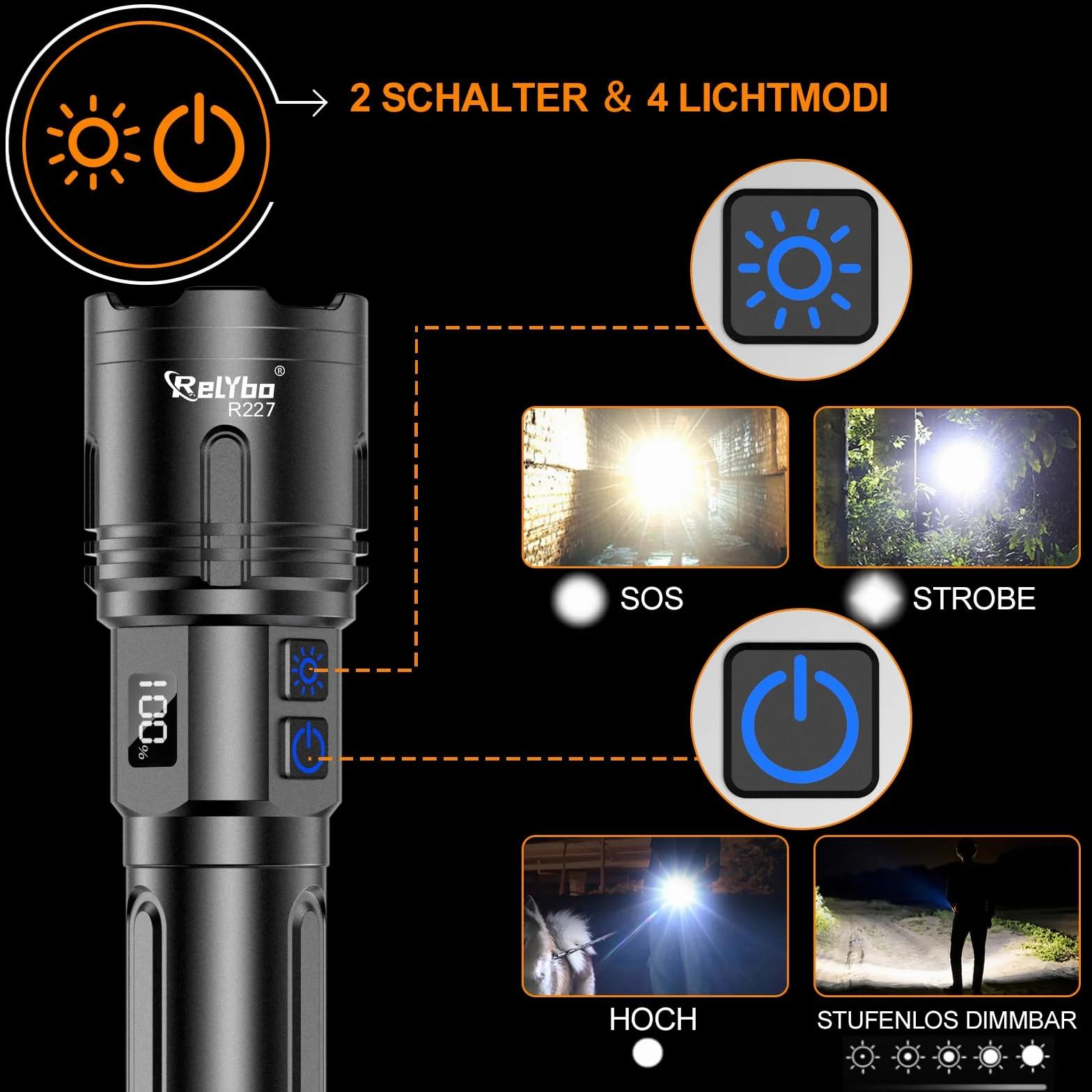 Relybo Latarka LED 1,000,000 Lumen XHM90.2 Mocna Taktyczna 2 Przyciski Płynna Regulacja Światła