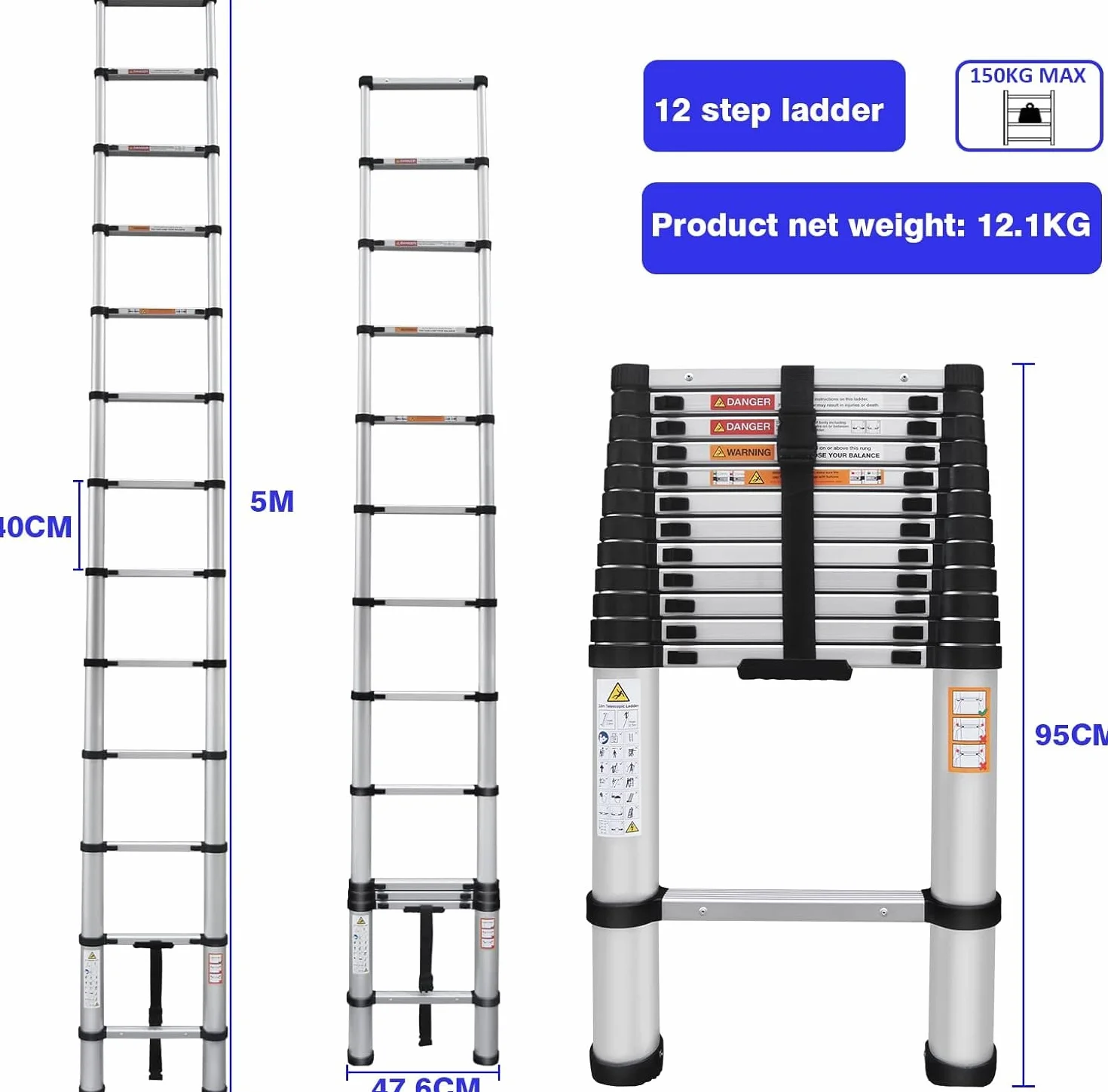 Składana drabina teleskopowa aluminiowa 5 m, antypoślizgowa, wysuwana, stojąca, przenośna, obciążenie 150 kg
