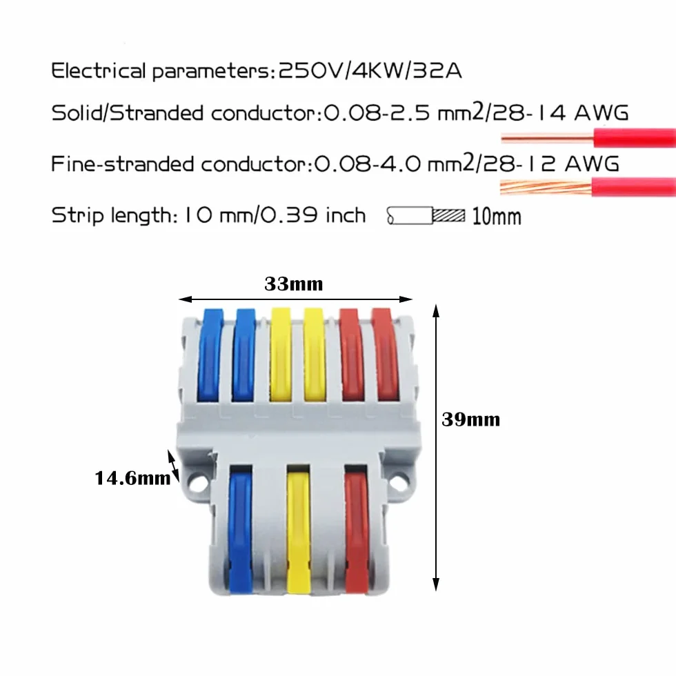 CESFONJER SPL-63 Bloki zacisków elektrycznych szybkozłączowe 3 w 6 złącze dwustronne dźwignia (6 szt.)