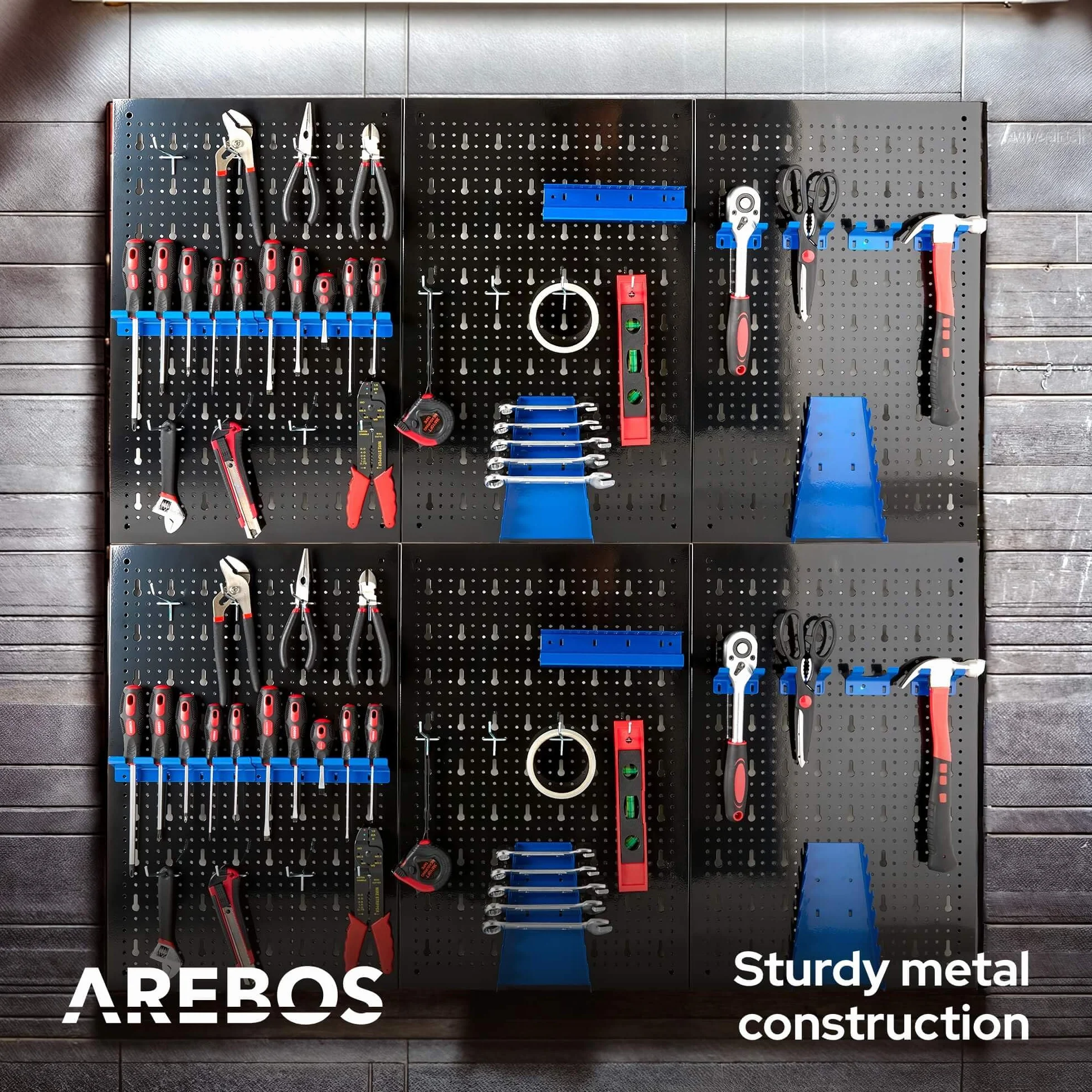 Arebos Ścienna Tablica Narzędziowa 6-częściowa | Zestaw 34 Haczyków i Uchwytów | 235,2x59,5 cm | Metalowa Perforowana Tablica do Warsztatu | Montaż w Zestawie | Niebieska