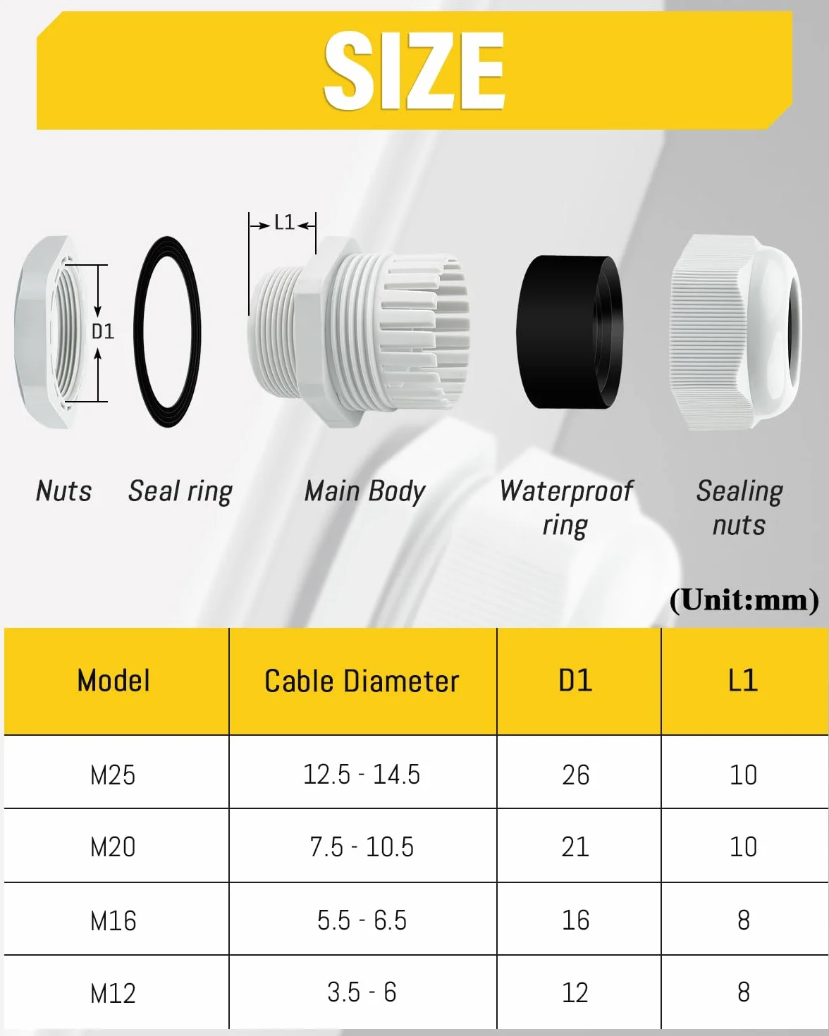 Caianwin Zestaw 42 dławików kablowych IP68 M12 M16 M20 M25 wodoszczelny
