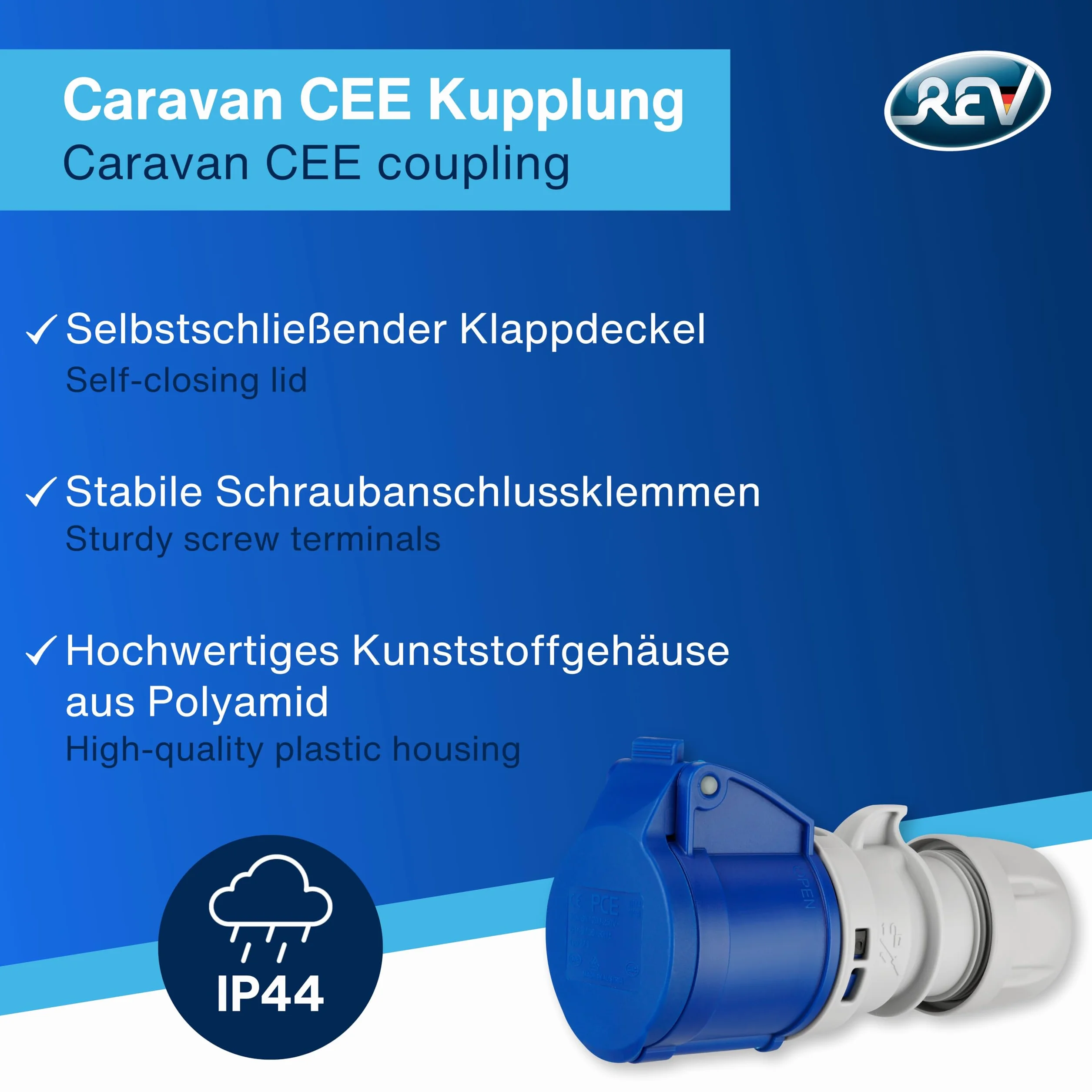 REV 051256555 CEE-Caravan sprzęgło, 3-biegunowe (2 P + PE) IP44, 230 V 16 A, niebieskie
