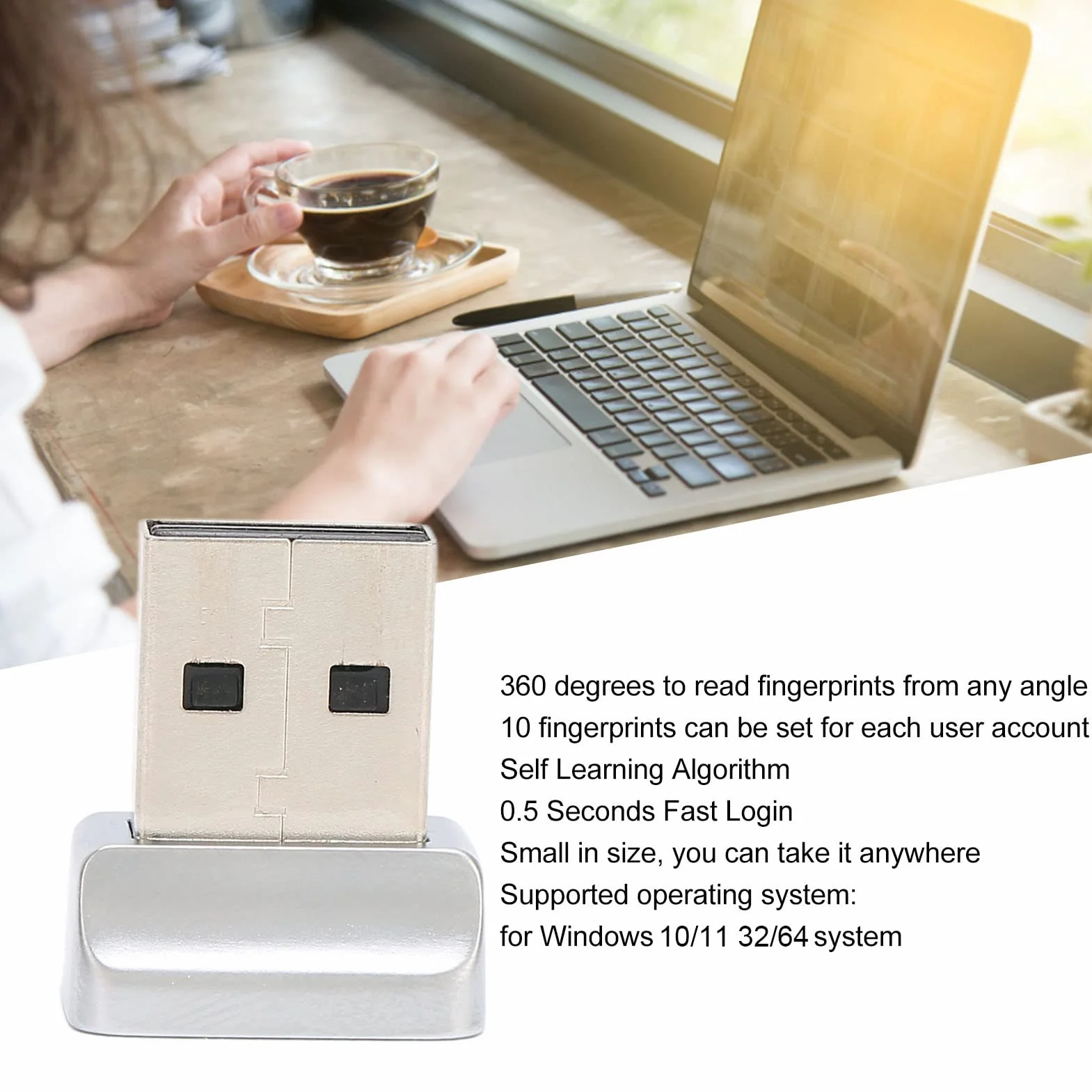 Czytnik Linii Papilarnych USB 360° 10 Odcisków Palców Biometryczny Skaner Kompatybilny z Windows 10/11