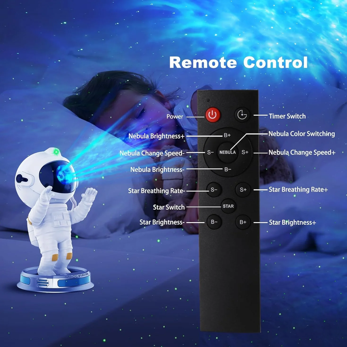 Projektor światła astronauty gwiaździste niebo Galaxy z pilotem i timerem 360° do sypialni