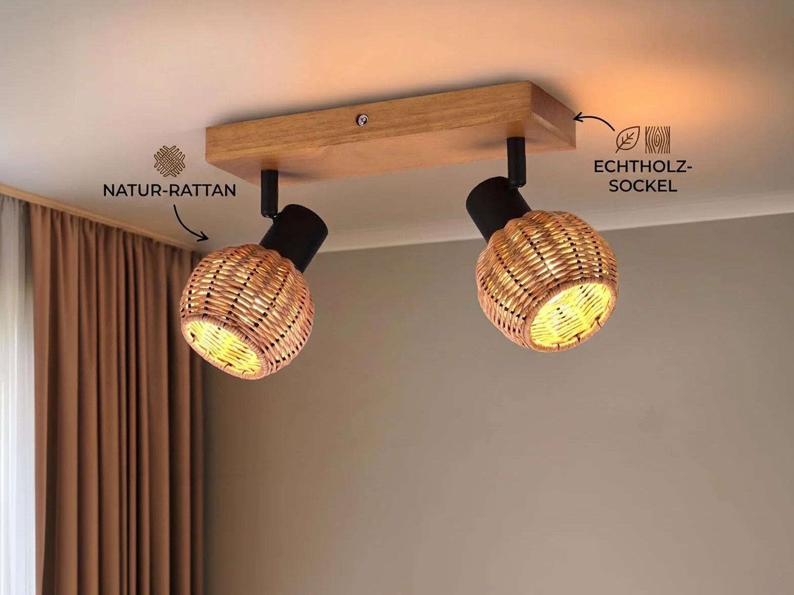 Reflektor sufitowy 2-płomienny Lampa drewniana z abażurami z ratanu naturalnym meineWunschleuchte
