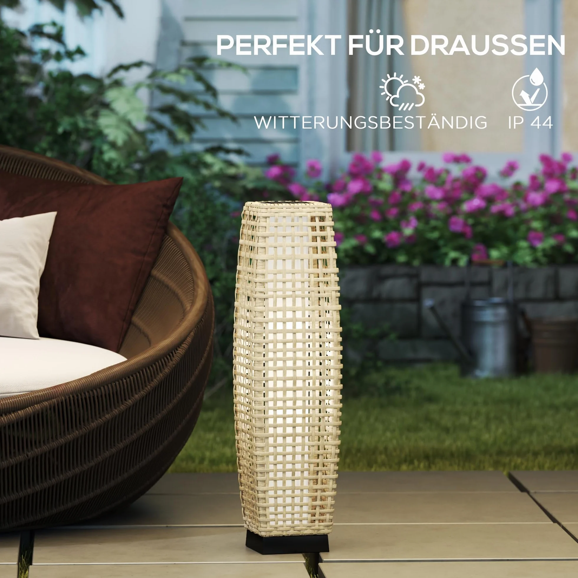 Outsunny Solar Stojąca Lampa Rattanowa z Czujnikiem Światła LED, Wodoodporna IP44, Styl Boho