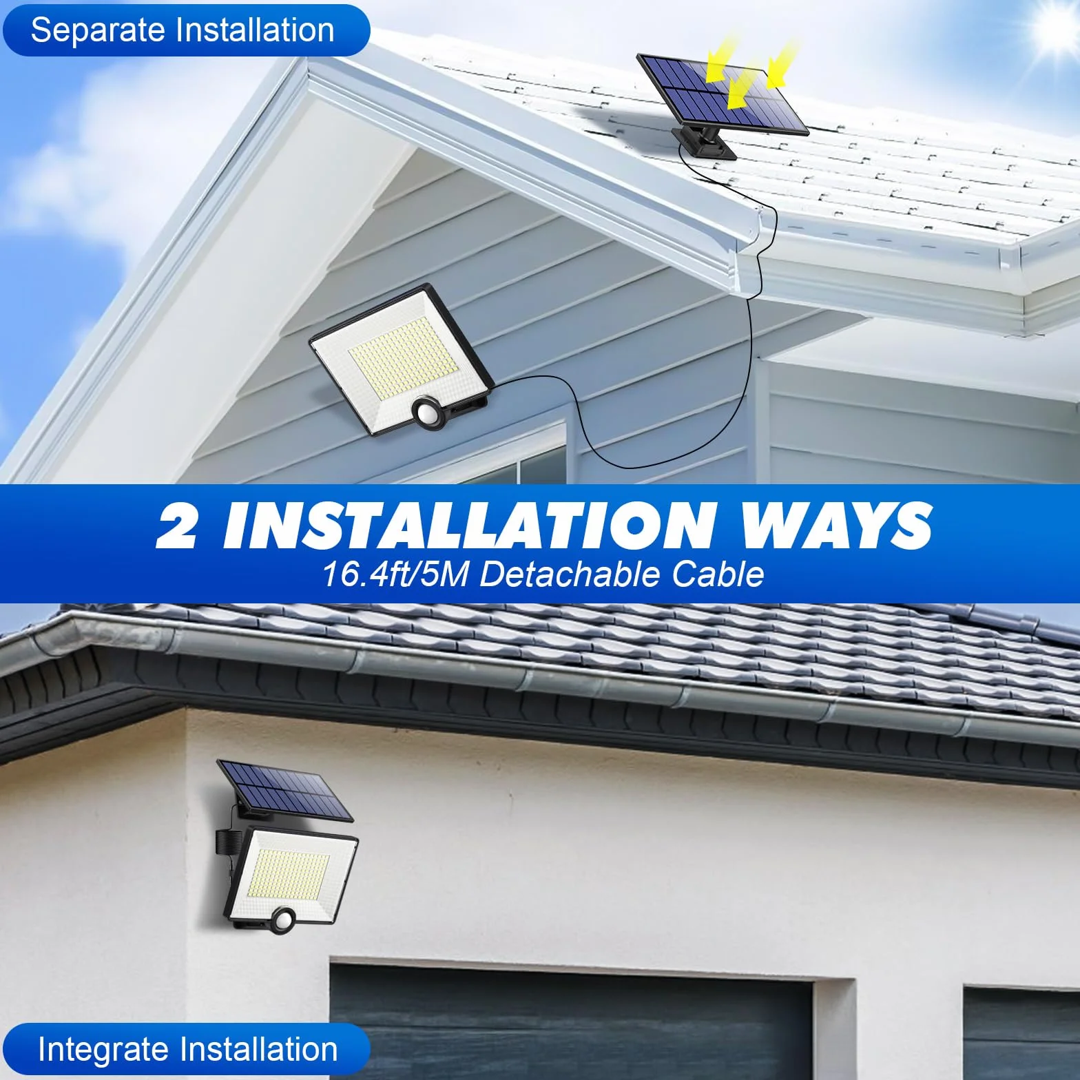 Zewnętrzna lampa solarna z czujnikiem ruchu 204 LED 2000 lm IP65 Reflektor LED z kablem 5 m
