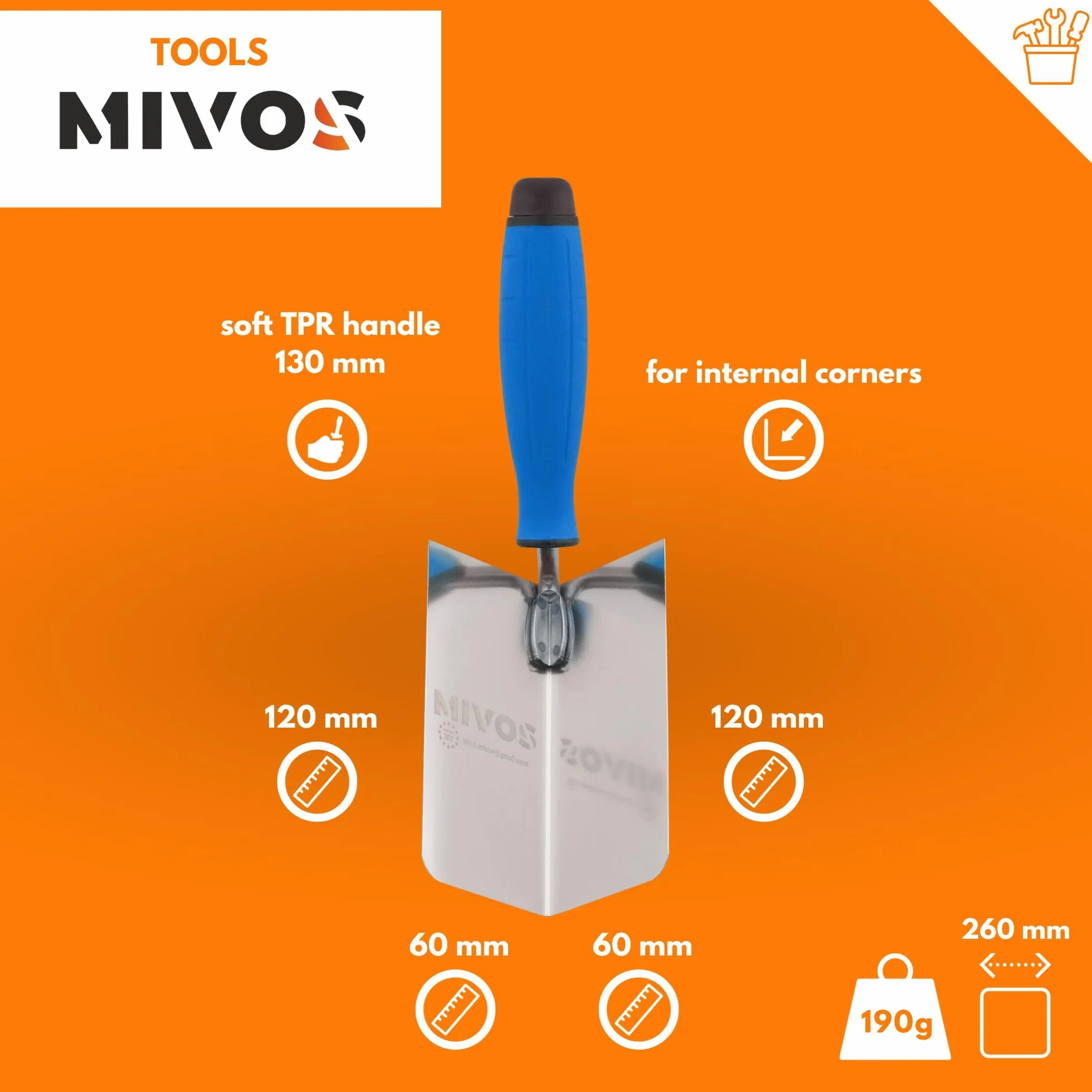 Mivos Kielnia narożna ze stali nierdzewnej 120 x 60 mm paca wewnętrzna z miękkim uchwytem