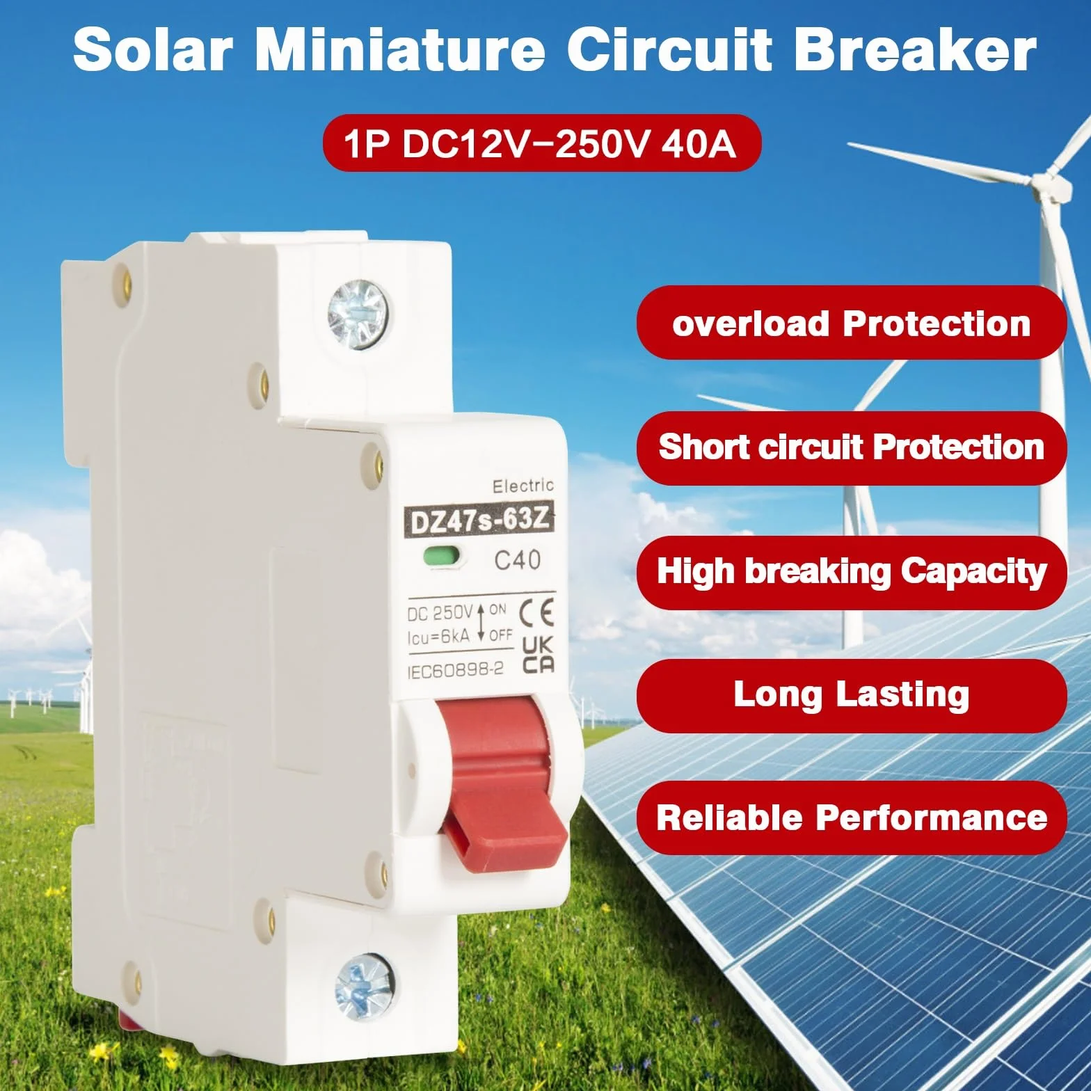 DEWIN Fotowoltaiczny wyłącznik nadprądowy DC 1P 40A 250V do instalacji PV