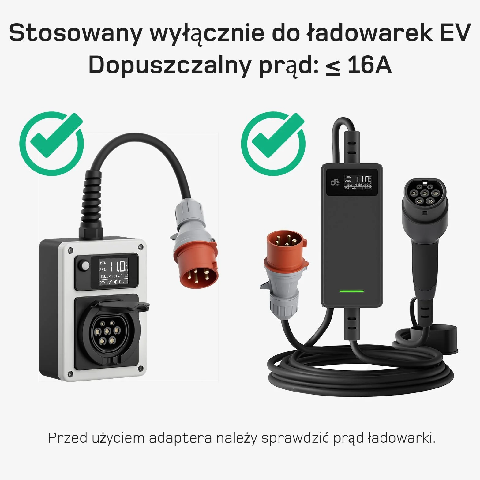 Zestaw adapterów CEE 16A 5-pin 3-fazowy 32A czerwony 1-fazowy 16A niebieski Schuko do EV