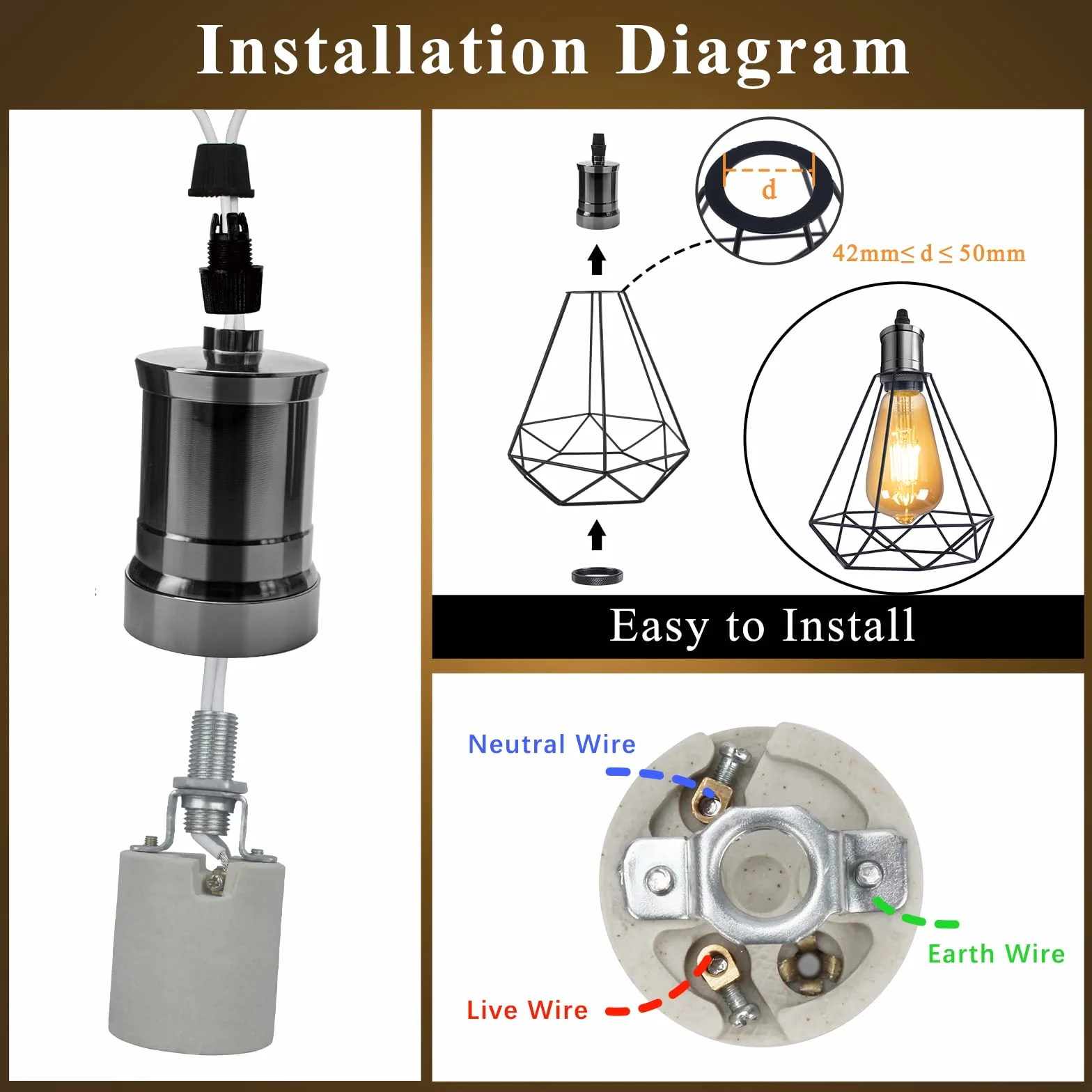 DiCUNO Vintage E27 oprawka lampy, retro aluminiowy i ceramiczny uchwyt lampy, Edison retro lampa wisząca do majsterkowania, płaski kształt czarna perłowa gniazdo, 6 sztuk