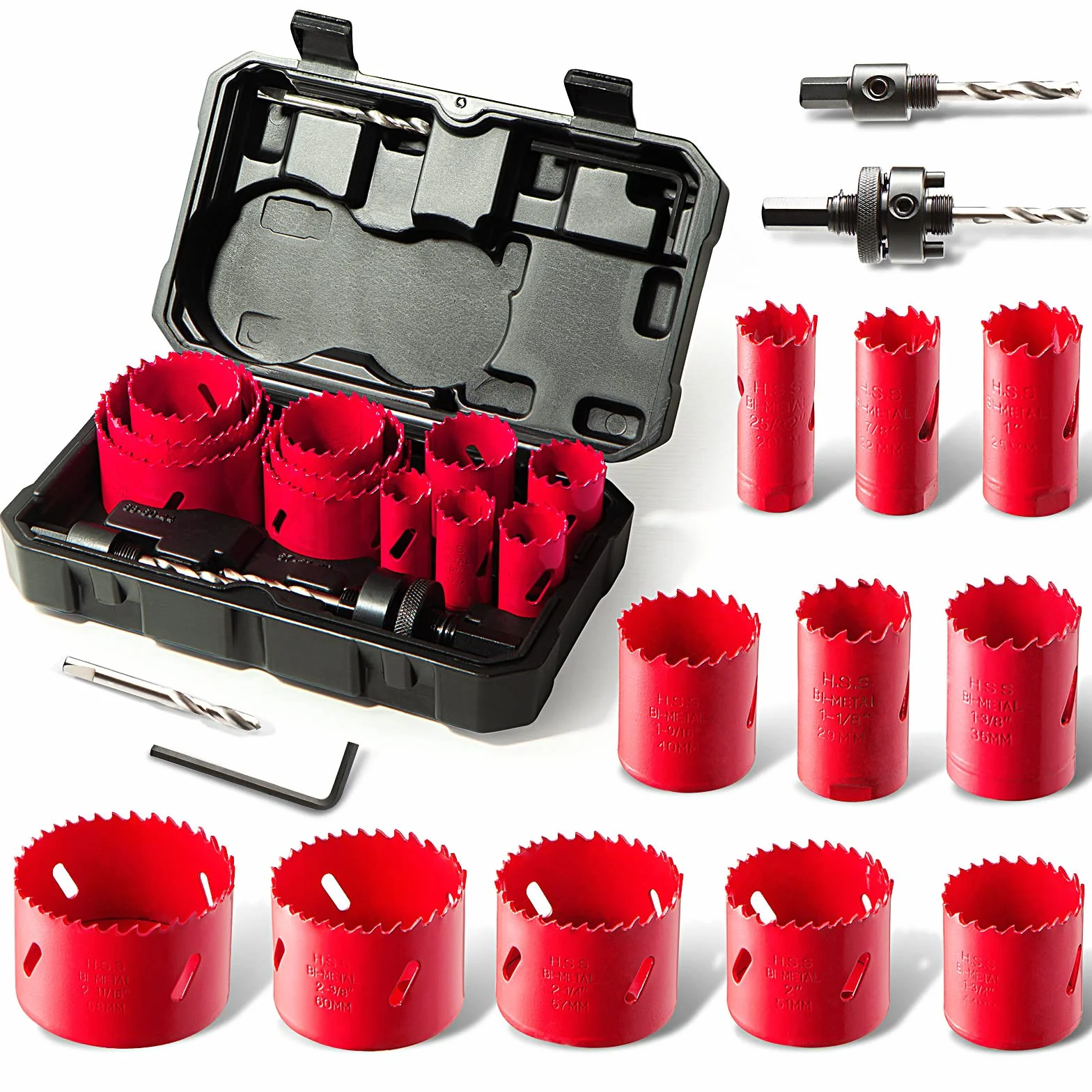 HYCHIKA Otwornica bimetalowa 17 PCS 19mm-68mm z 2 trzpieniami 3 wiertłami 1 kluczem imbusowym
