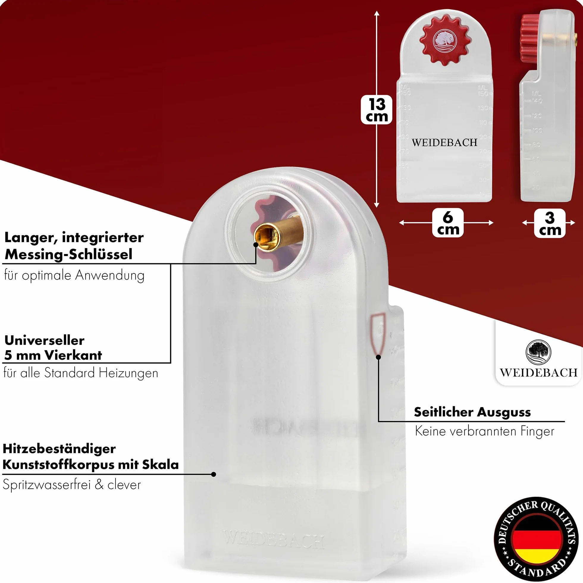 WEIDEBACH® Klucz do odpowietrzania grzejników z pojemnikiem odbiorczym (140ml), odpowietrzacz do grzejników wraz z mikrofibrowym ręcznikiem i mini kluczem do odpowietrzania na wąskie przestrzenie