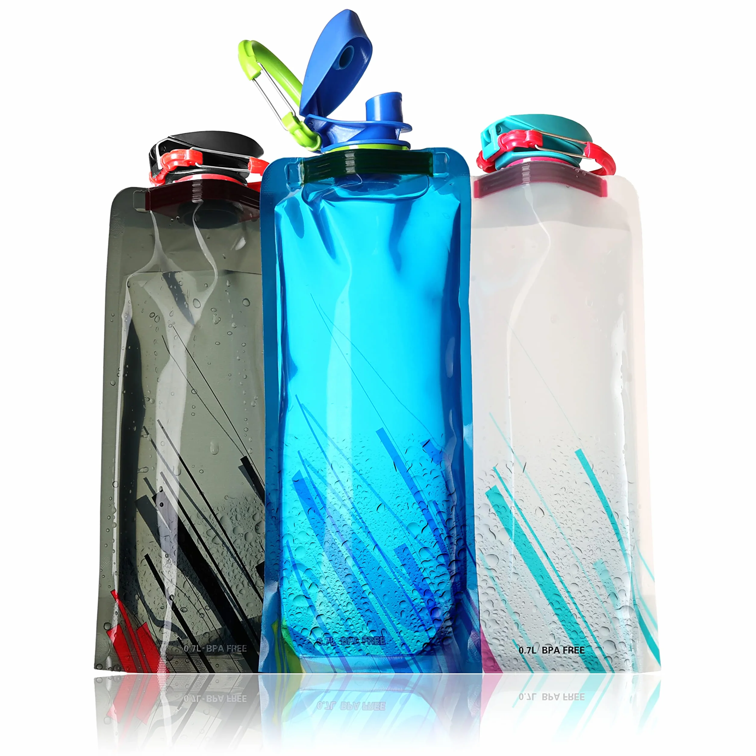 Ganzoo worek/butelka na wodę 700 ml trinktüte, składany pojemnik na napoje z karabińczykiem, szczelne zamknięcie gwintu i ustnika, BPA free, nadaje się do zmywarki, 3 szt., czarny niebieski biały