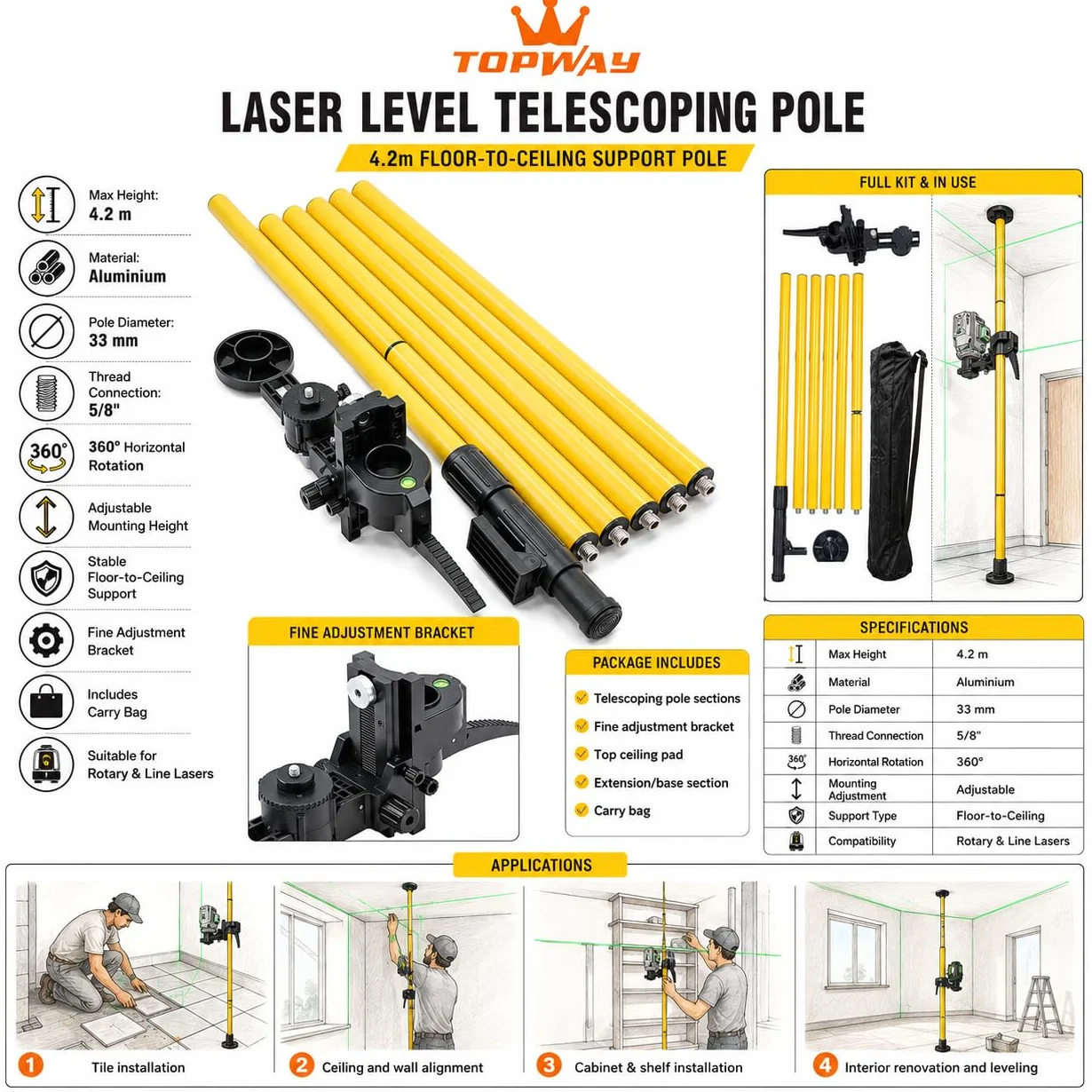 TOPWAY Drążek teleskopowy 4,2 m ze stopu aluminium do laserów obrotowych i liniowych
