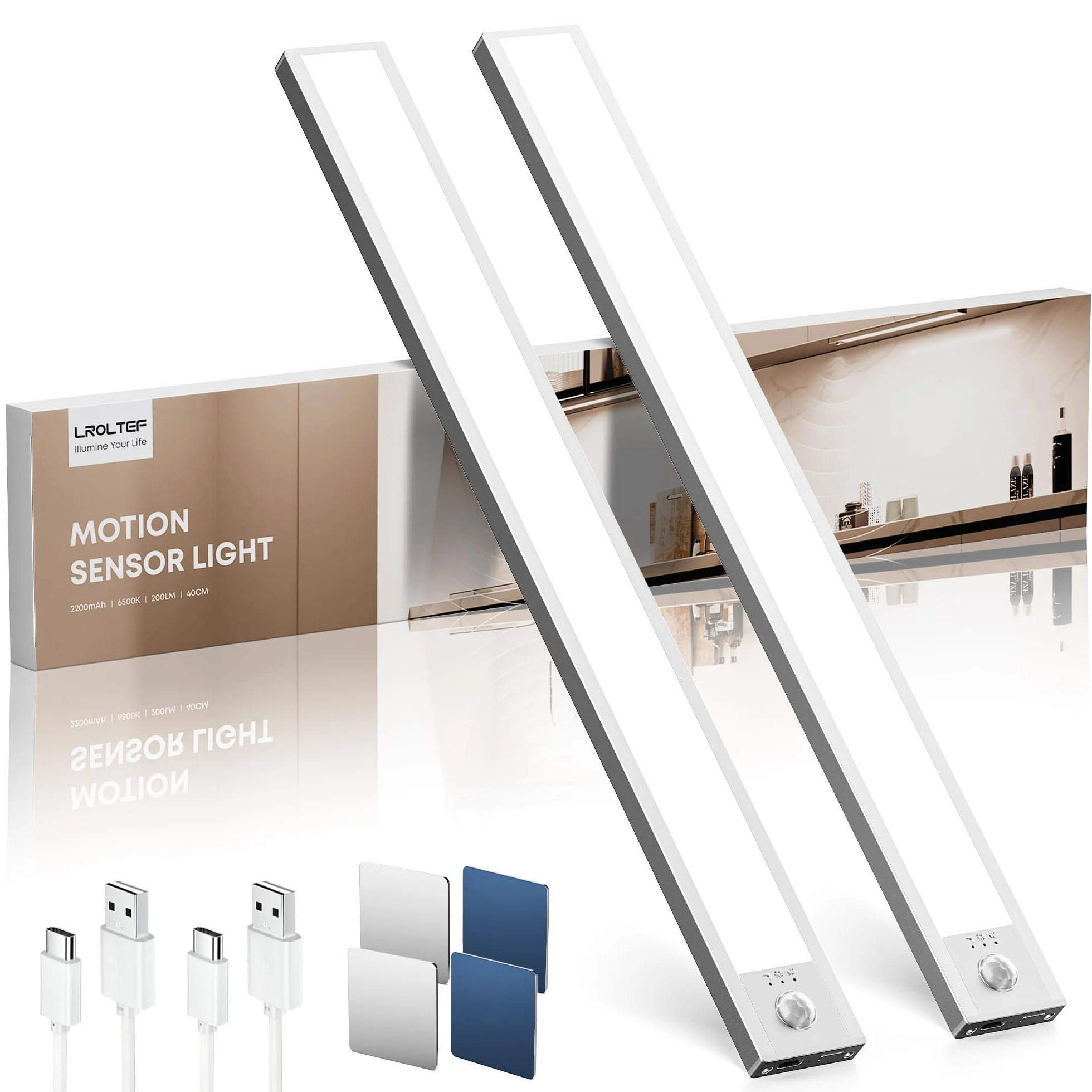 LROLTEF Lampki kuchenne pod szafką LED 40 cm 2200 mAh 6500 K ściemniany czujnik ruchu 2 sztuki srebrne