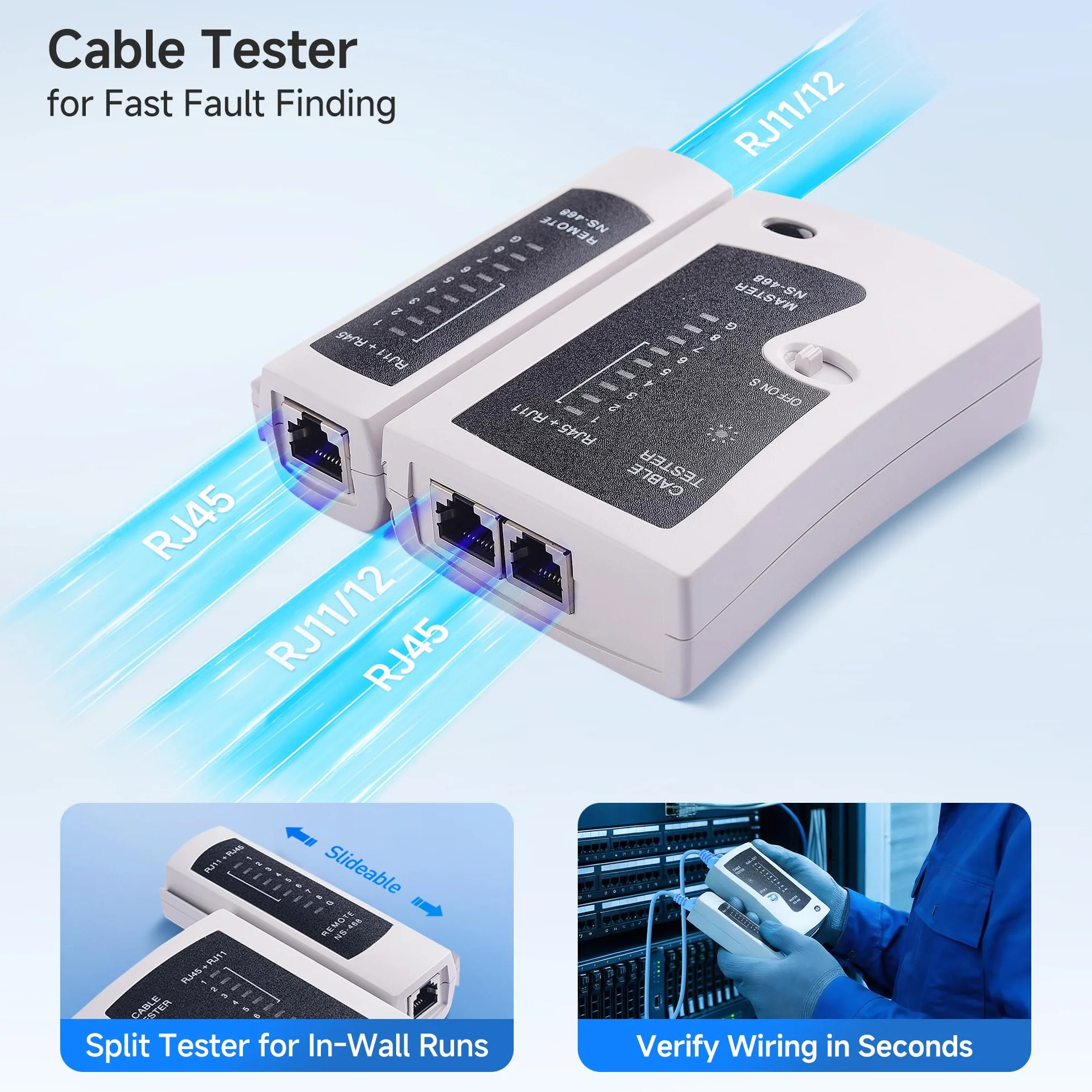 Cable Matters zestaw narzędzi sieciowych 7 w 1: zaciskarka RJ45, narzędzie uderzeniowe (punch down), podstawka, tester kabli, wtyki RJ45 z osłonkami, ściągacz izolacji + walizka