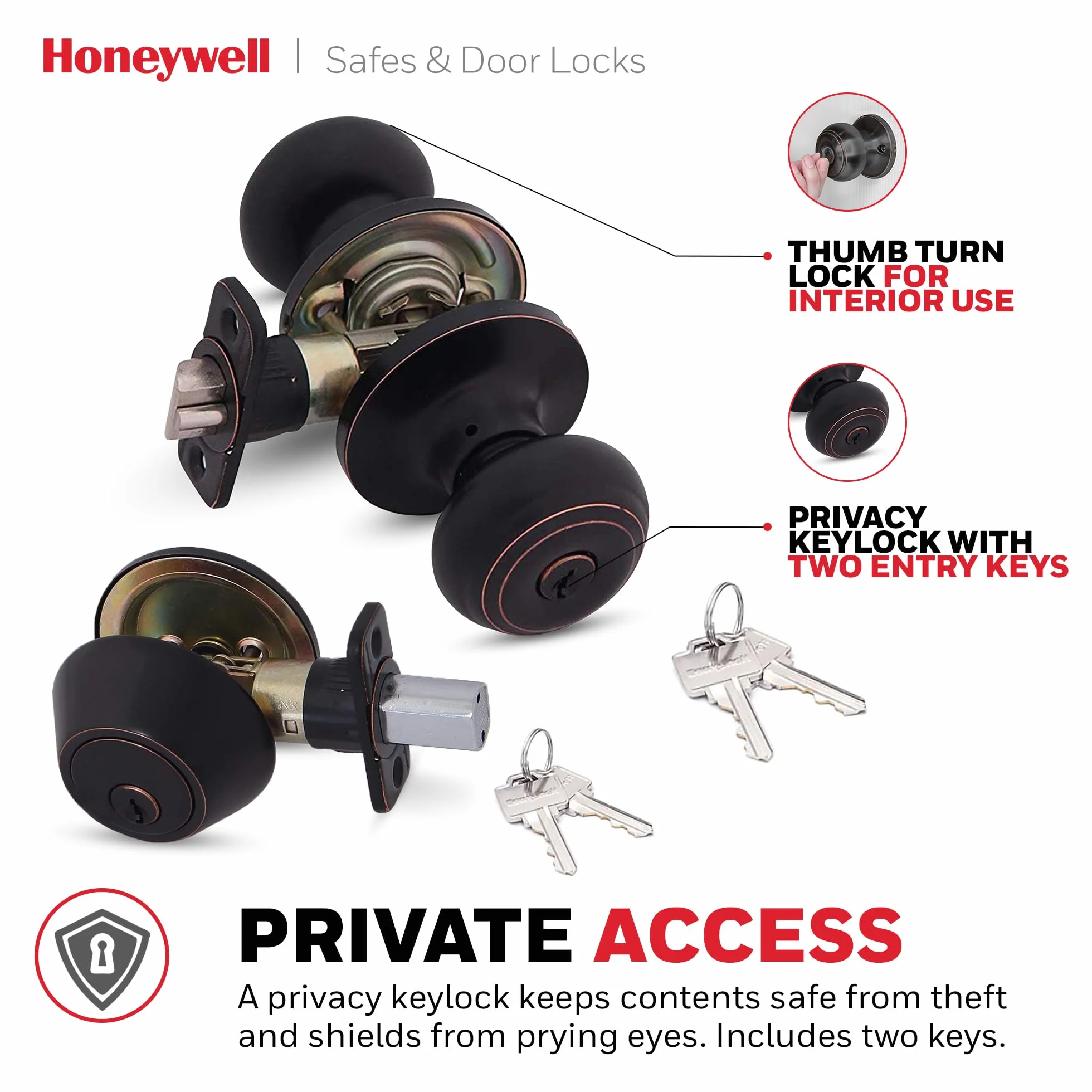 Honeywell Klasyczna gałka do drzwi wejściowych zamek zasuwowy brąz olejowany 2-pak