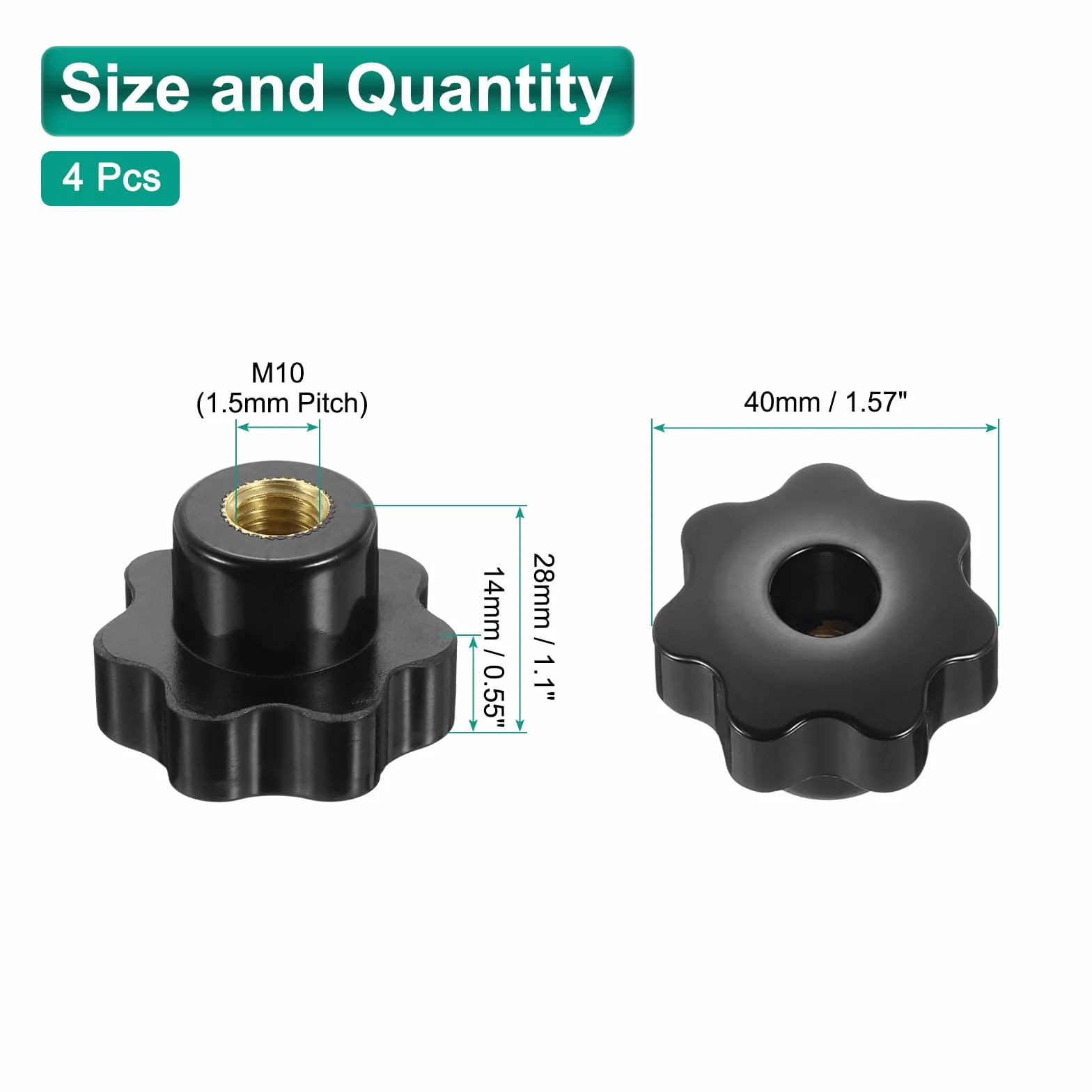 QUARKZMAN 4 sztuki guzików z gwiazdkami zaciskowymi M10 metryczny gwint wewnętrzny 40 mm 7-punktowa głowica z tworzywa sztucznego otwór przelotowy mosiężna śruba wkręcana, czarne