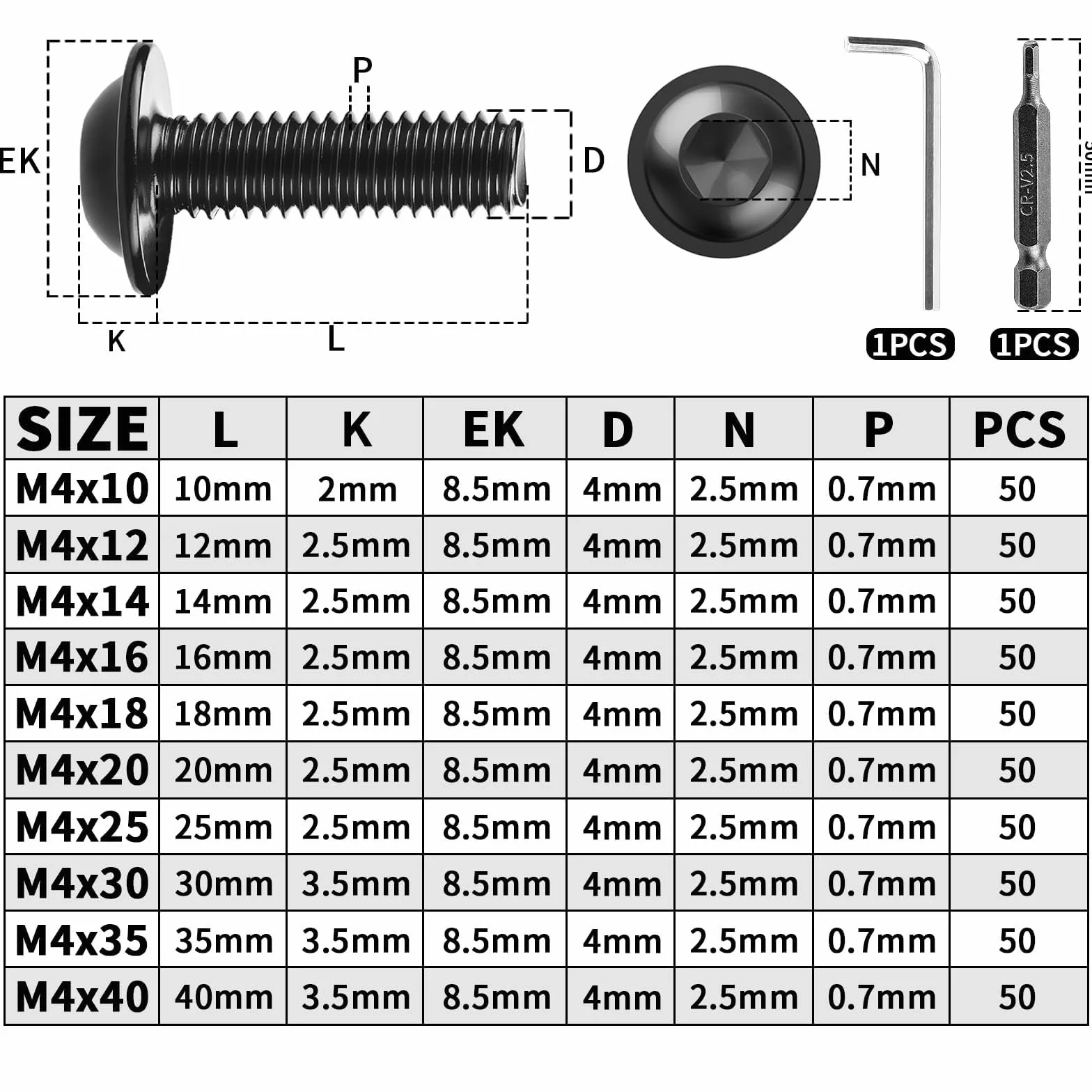 Śruby z łbem soczewkowym z kołnierzem M4x10mm 50 sztuk, stal nierdzewna A2 V2A, czarne, ISO7380-2