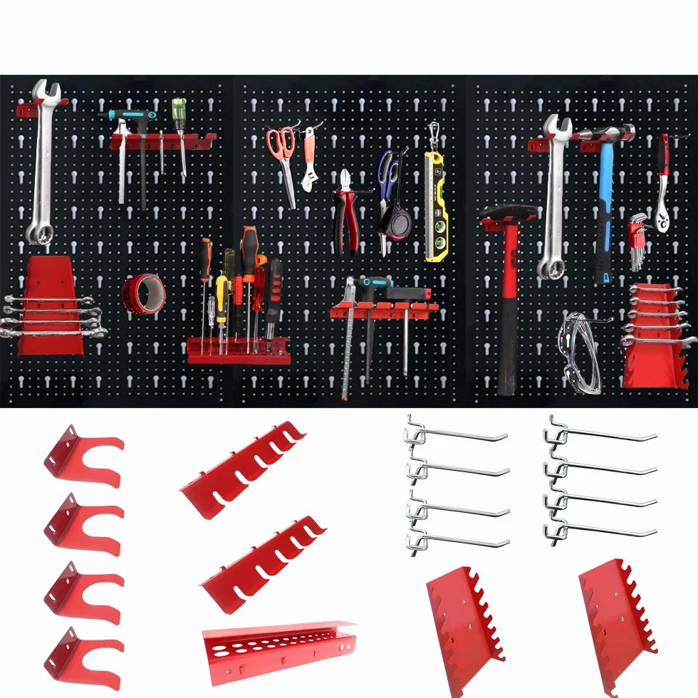 Froadp 120x60x2cm Ściana Narzędziowa Perforowana Metalu Tablica z 17 Haków Półka Warsztatowa Uchwyt na Narzędzia Czarny+Czerwony