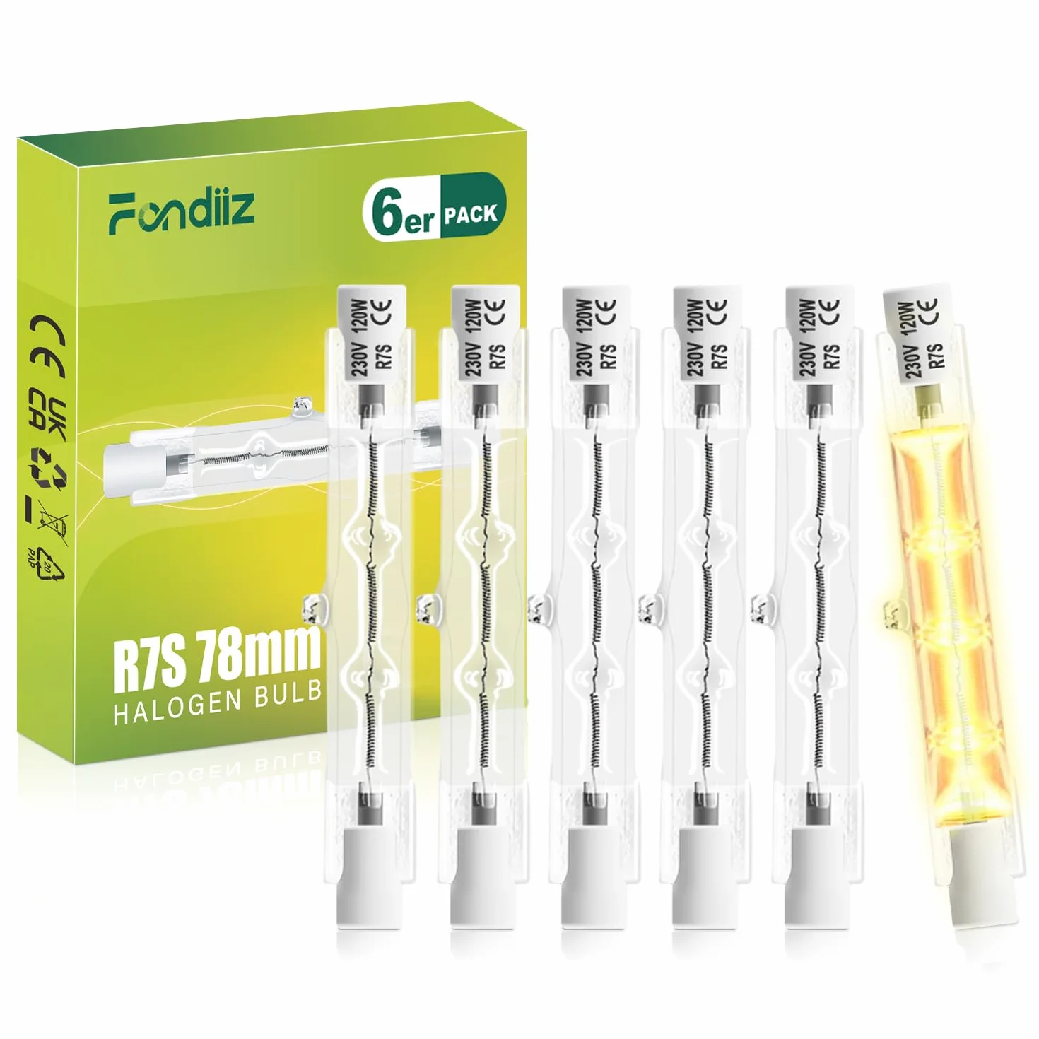 Fondiiz Żarówki Halogenowe R7s 78mm 120W 2000LM Dimmable 2800K Ciepła Biała 6 Sztuk