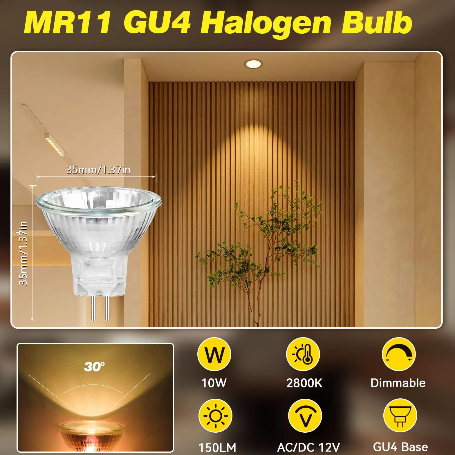 Zestaw 4 żarówek halogenowych MR11, GU4, 12 V, 10 W, 150 lm, ciepła biel 2800 K