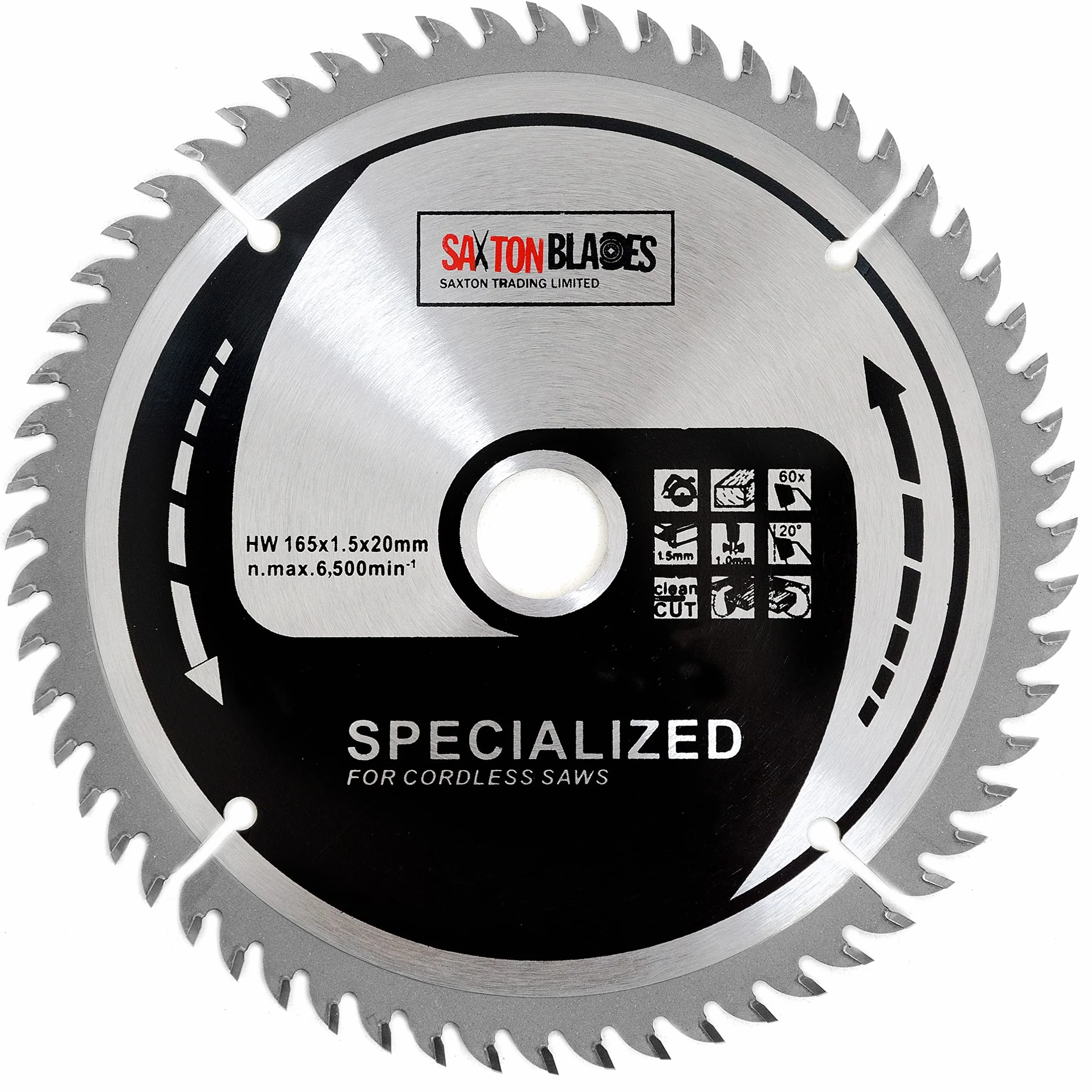 Saxton TCT16560T 165mm x 60t TCT cienki bezprzewodowy tarczowy z taśmą z korzeniami kompatybilny z Dewalt Makita