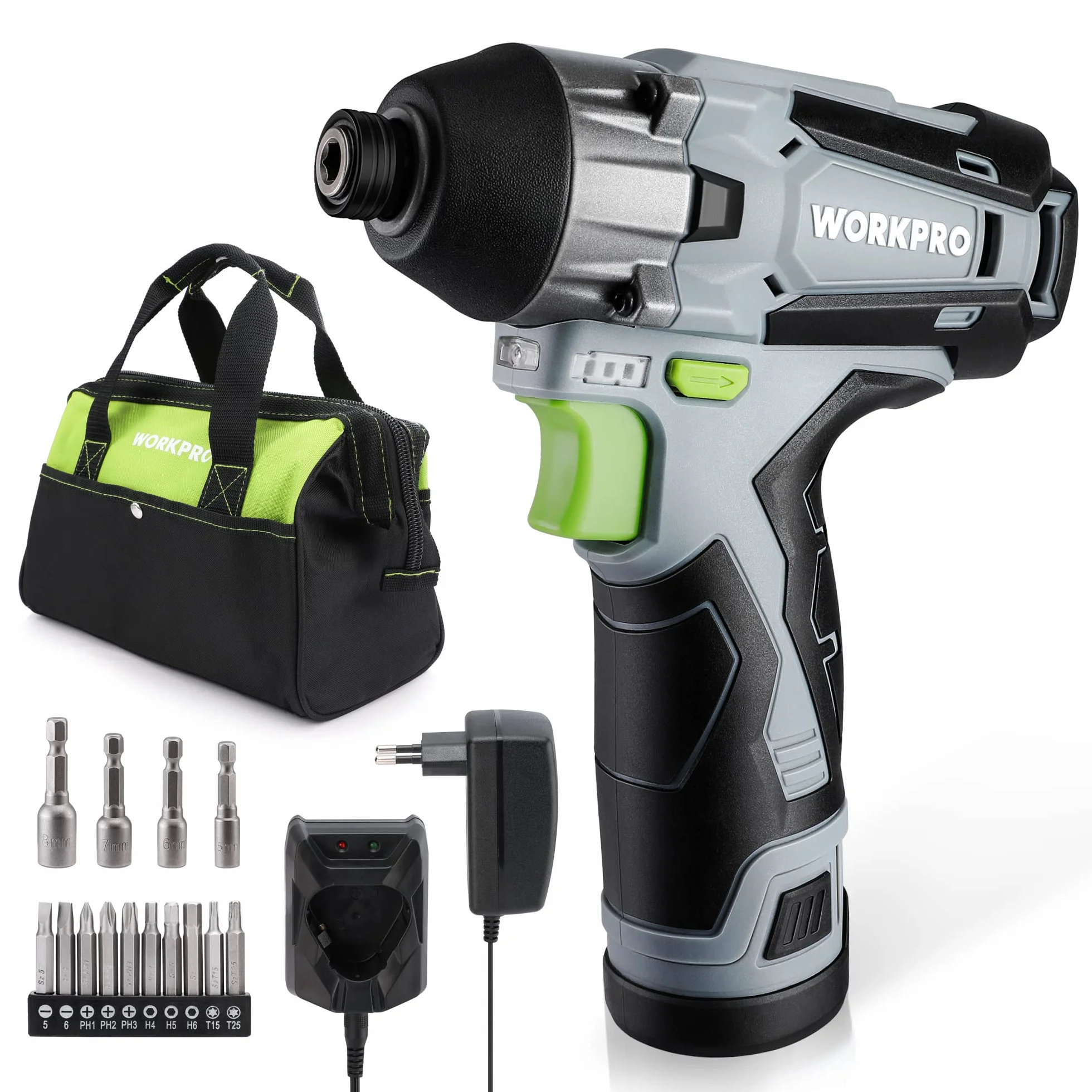 WORKPRO Akumulatorowa wkrętarka udarowa 12V 2,0Ah 1/4" sześciokątna z 14 akcesoriami i torbą
