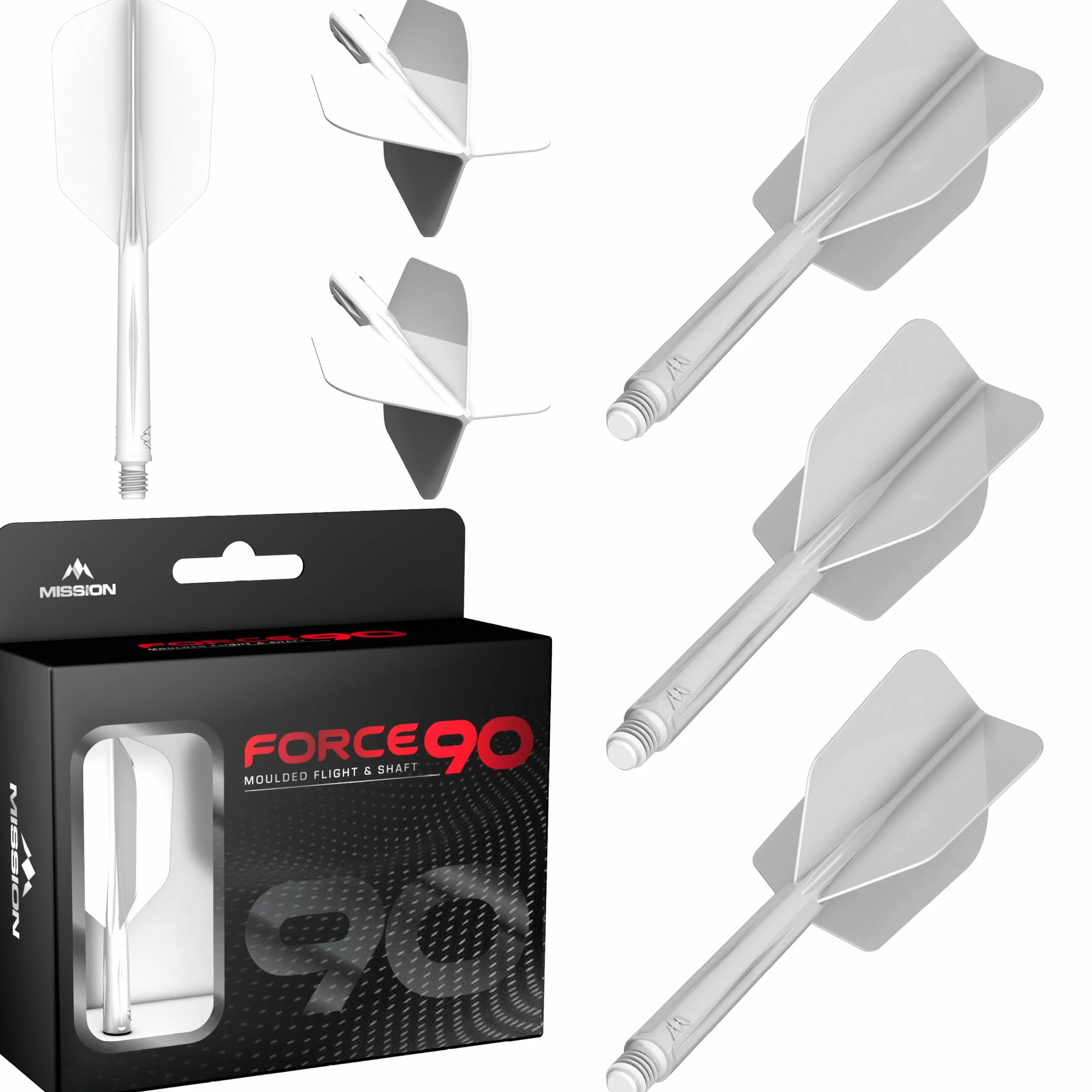 Mission Darts Force 90 | Zintegrowany precyzyjnie formowany system lotu i wałka do rzutek, 3 sztuki, profesjonalne, bardzo trwałe, kombinowane loty i łodygi 2 w 1, smukłe